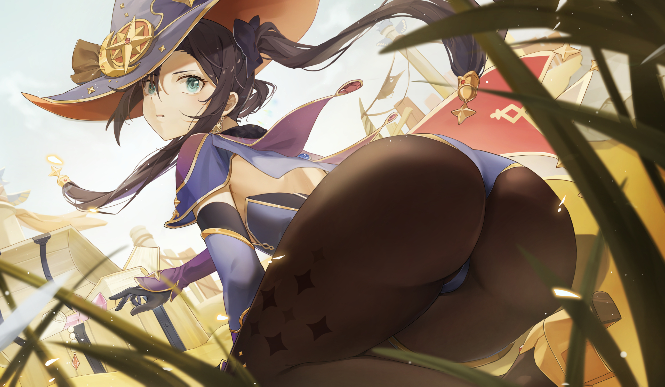 1girls, all fours, ass, ass focus, bent over, blue eyes, cowberrymou, female, genshin impact, huge ass, leotard, mona (genshin impact), pantyhose, purple hair, solo, thick thighs, treasure, treasure chest, witch, witch hat