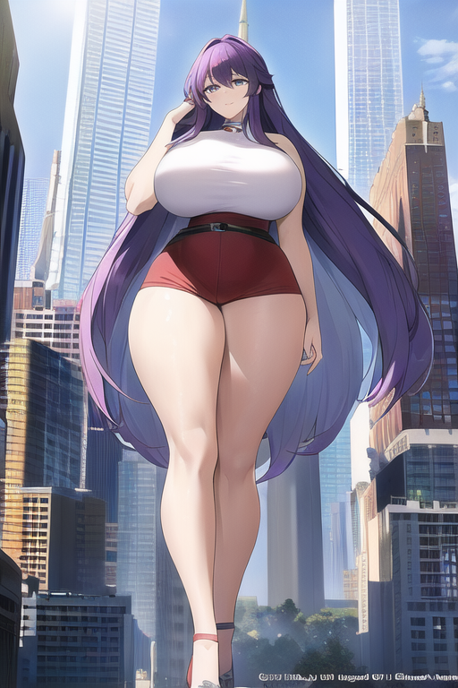 ai_generated big_breasts breasts chibi_mann city giantess hips legs light-skinned_female light_skin long_hair long_legs looking_at_viewer moving_hair original purple_hair shorts solo solo_female solo_focus stroll thick_thighs thighs wide_hips