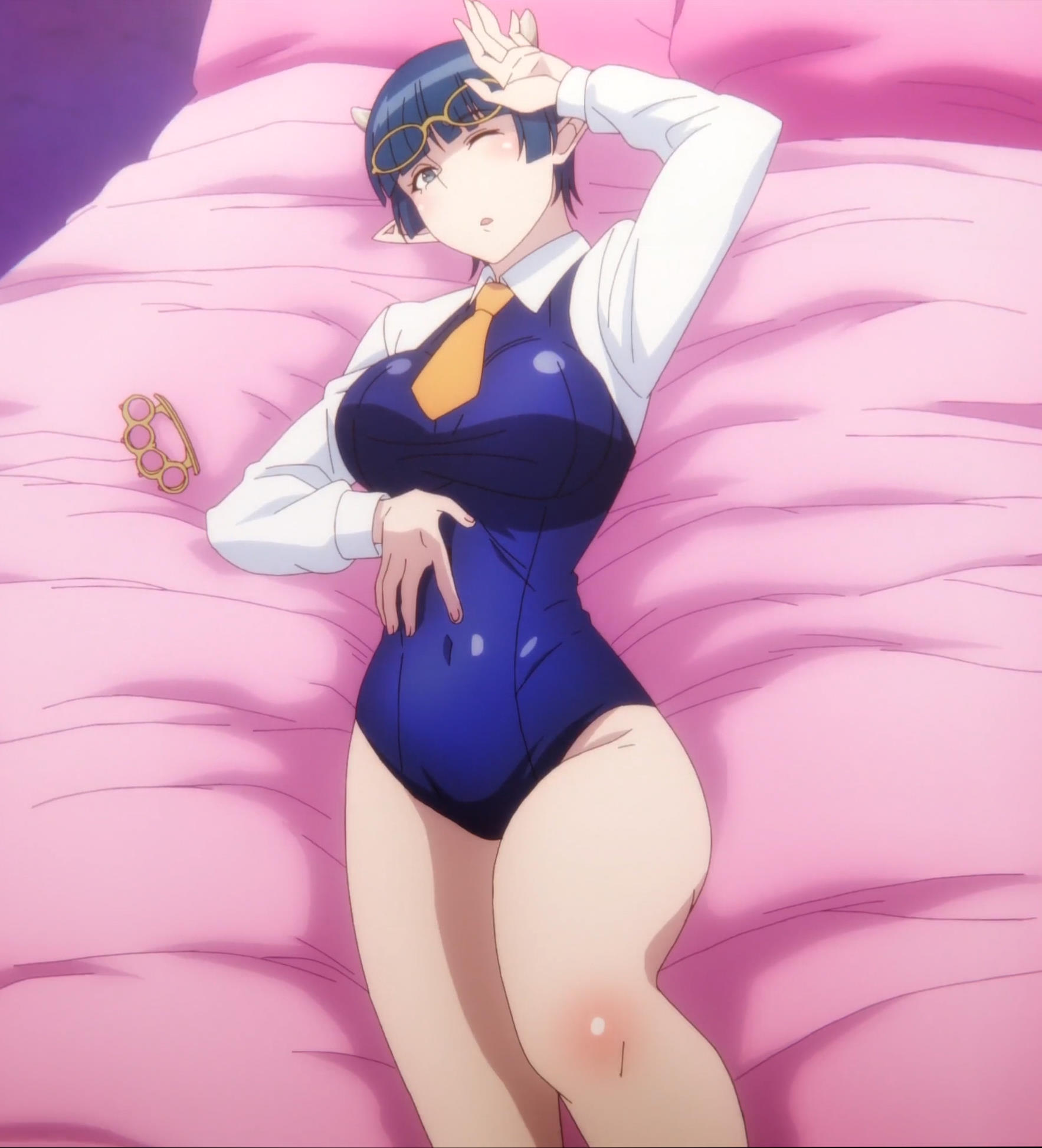 1girls, breasts, clothing, demon, demon girl, demon horns, female, glasses, hips, horns, large breasts, looking at viewer, lv1 maou to one room yuusha, medium hair, monster girl, screencap, screenshot, thick thighs, thighs, tummy, zenia (lv1 maou to one room yuusha)