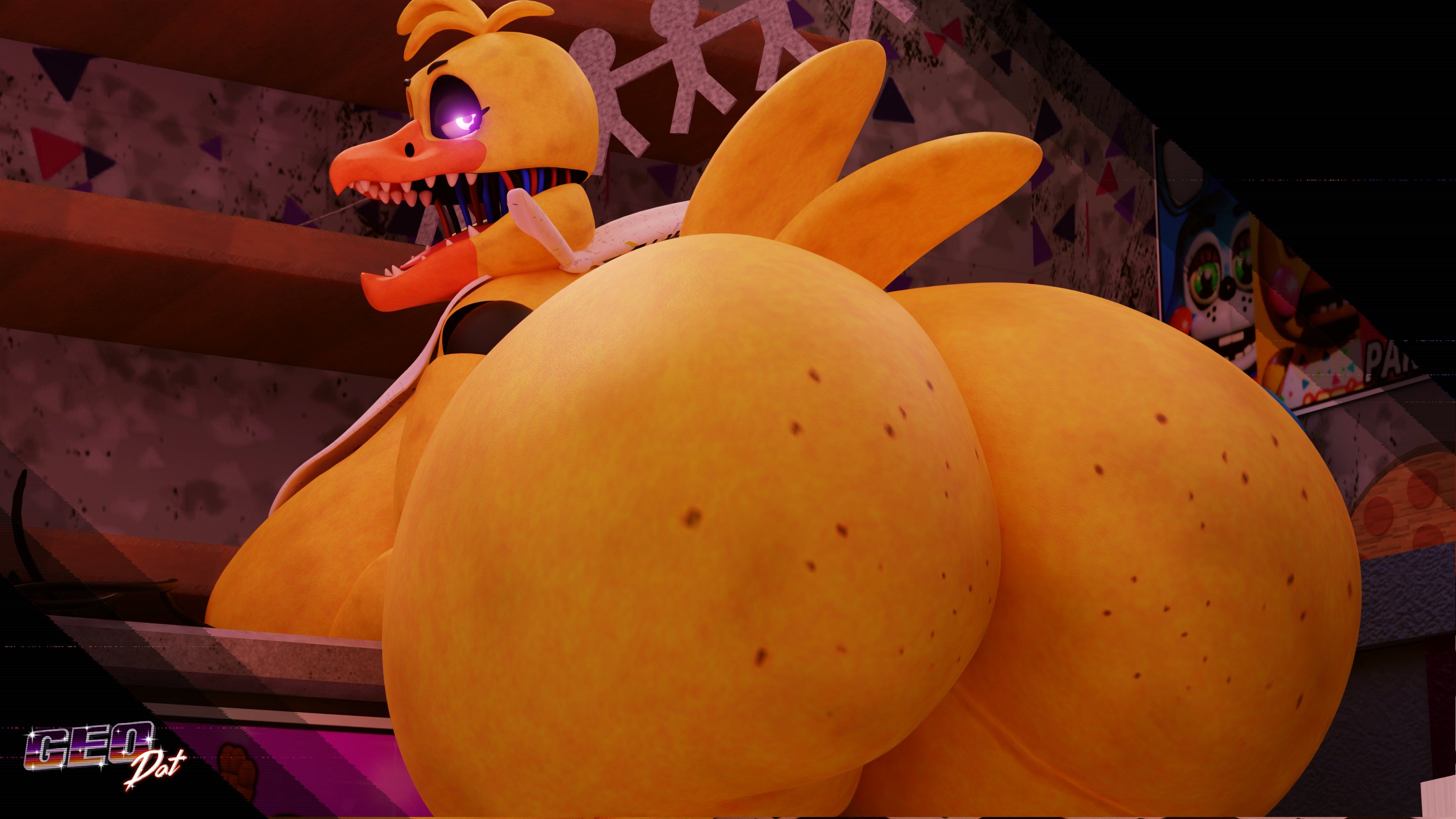 1girls, 2023, 3d, 3d (artwork), animatronic, artist logo, ass, ass focus, avian, avian humanoid, back view, beak, bent over, bent over table, big ass, big breasts, breasts, detailed background, fat ass, female, five nights at freddy's, five nights at freddy's 2, freckles, freckles on ass, geodat64, gigantic ass, huge ass, large ass, looking back, poster, poster (object), rear view, robot, robot girl, robot joints, sharp teeth, solo, solo focus, thick thighs, voluptuous, wide hips, withered chica, withered chica (spacebaron), yellow body