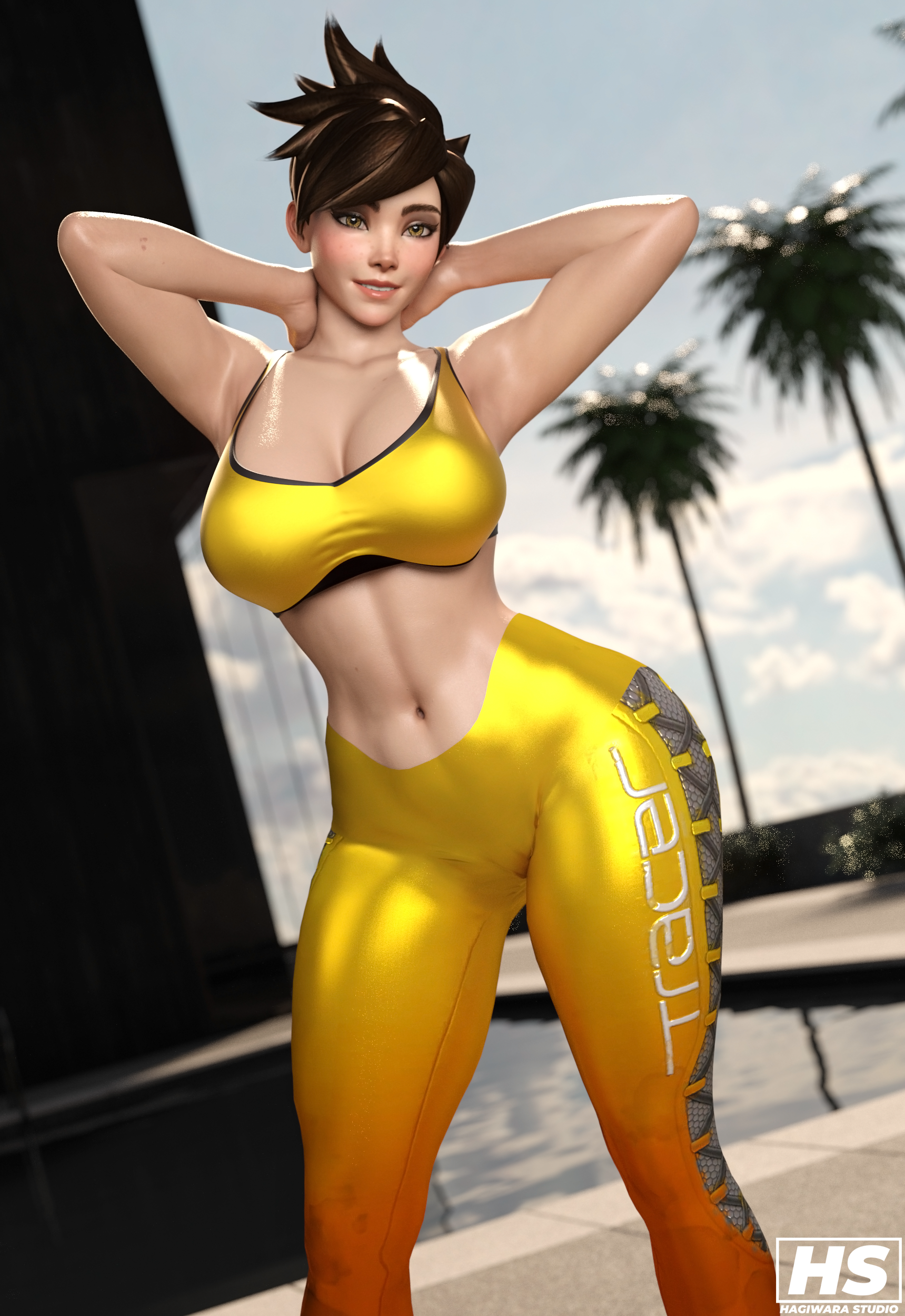 1girls, 3d, bimbo, blizzard entertainment, breasts, brown hair, female, female only, hagiwara studio, highres, lena oxton, overwatch, shiny clothes, short hair, solo, sports bra, sportswear, tagme, tracer