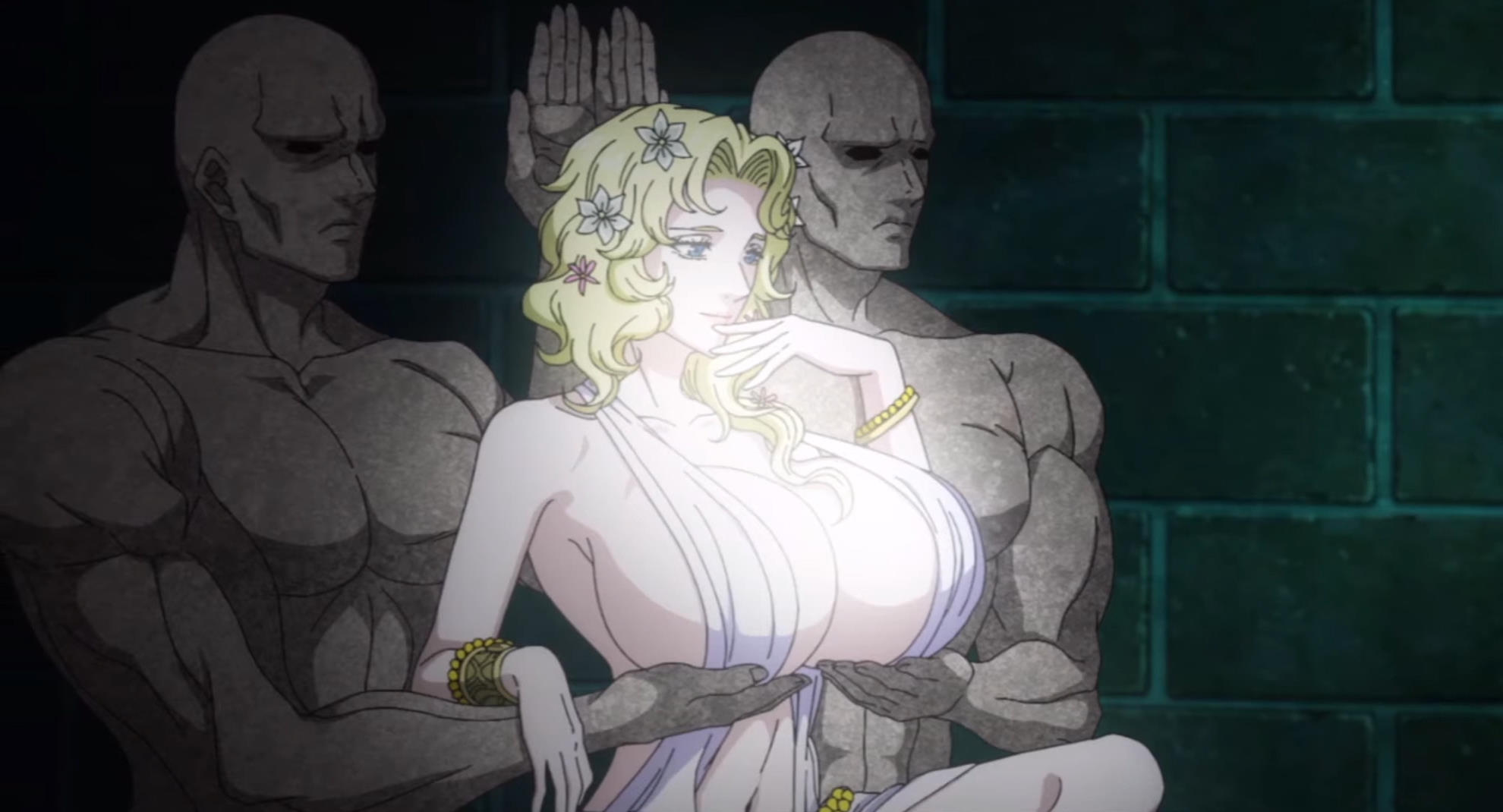1girls, aphrodite (shuumatsu no valkyrie), blonde hair, blue eyes, breast grab, breast hold, breast lift, breasts, female, huge breasts, large breasts, screencap, shuumatsu no valkyrie