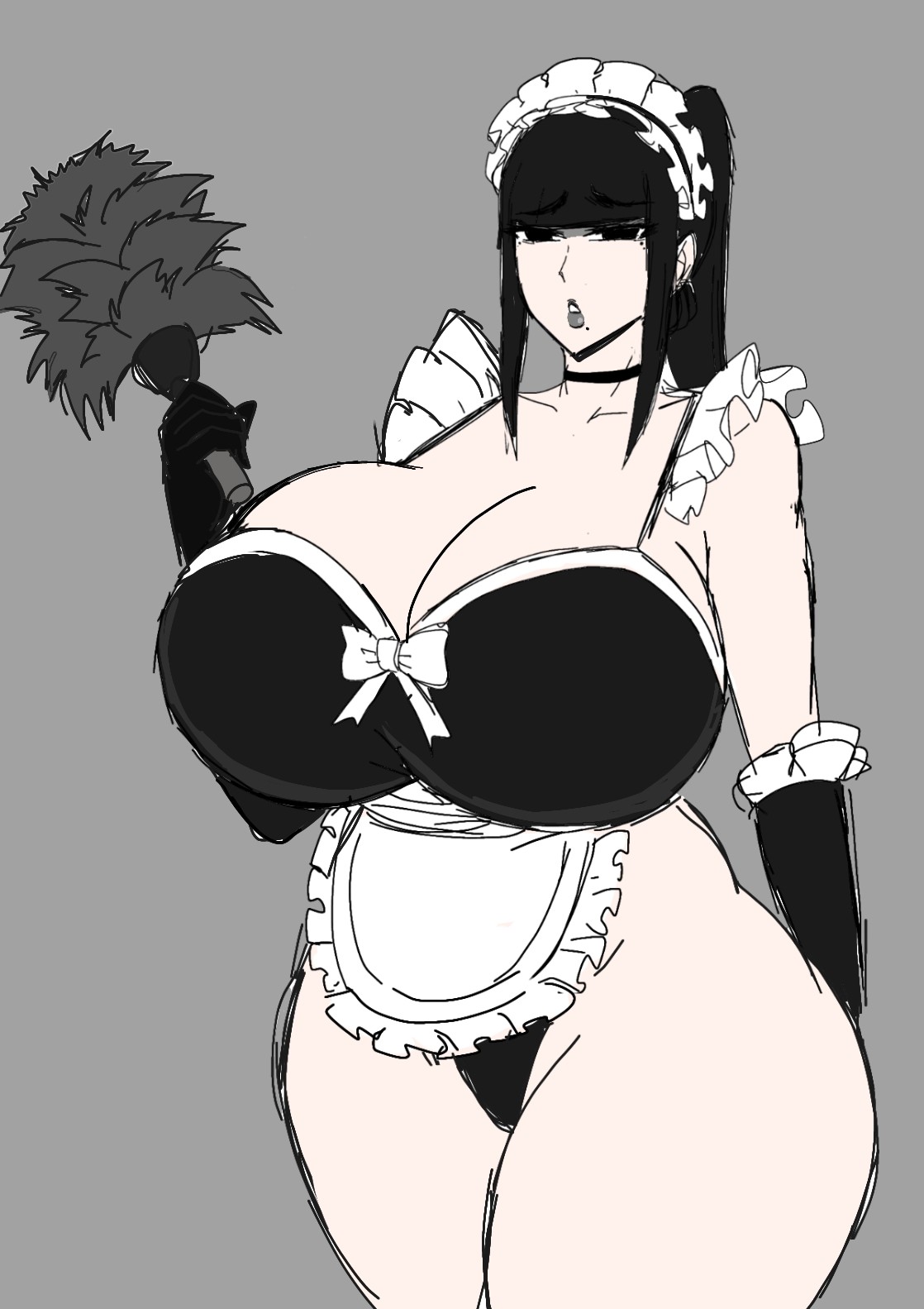 apron, big breasts, black hair, black lipstick, breasts, cleavage, female, goth, goth girl, huge breasts, large breasts, maid, maid apron, maid headdress, maid outfit, maid uniform, momiji (artist), skimpy clothes, skimpy outfit