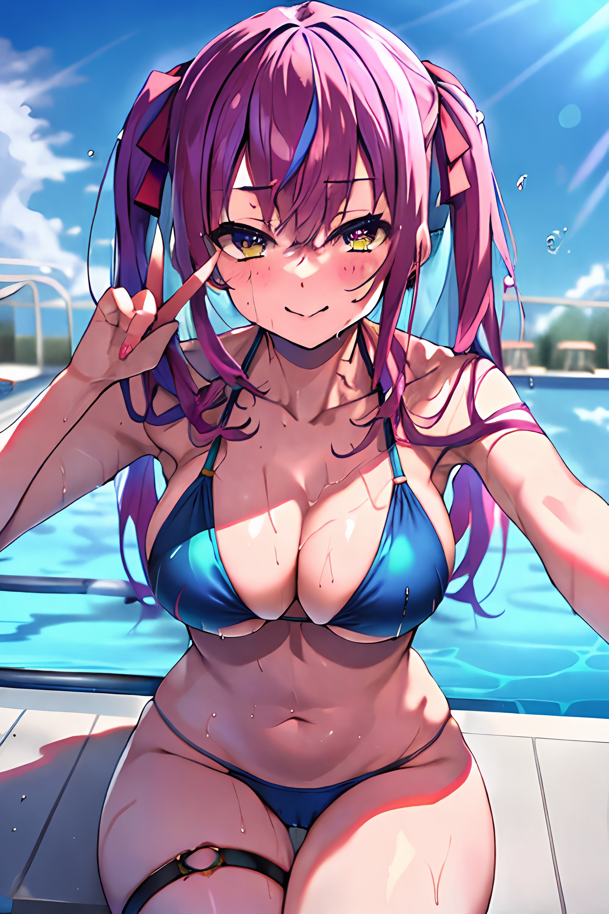 1girls, ai generated, amasawa ichika, bangs, big breasts, bikini, bikini bottom, bikini top, blue bikini, blue bikini bottom, blue bikini top, breasts, classroom of the elite, cleavage, curvy, curvy body, curvy female, curvy figure, female, female focus, female only, happy female, looking at viewer, midriff, peace sign, pink hair, pool, poolside, selfie, sitting, skinny, skinny female, solo, thick thighs, thigh gap, thigh strap, twintails, voluptuous, voluptuous female, wet, wet body, wet clothes, youkoso jitsuryoku shijou shugi no kyoushitsu e