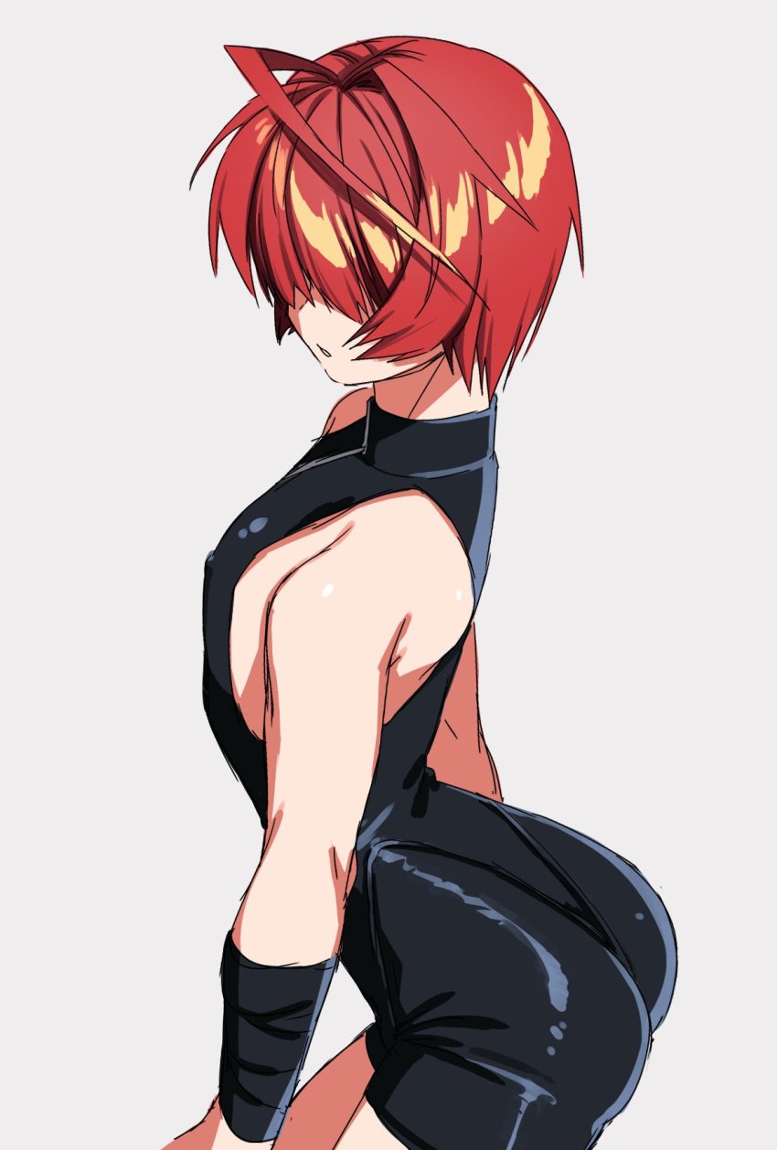 1boy ahoge ass bandage_gloves bandaged_hands bandages bare_shoulders black_bandages covered_erect_nipples fate/grand_order fate_(series) femboy fully_clothed fully_clothed_male fuuma_kotarou_(fate) hair_over_eyes highres looking_at_viewer male male_focus male_only nipple_bulge nipples nipples_visible_through_clothing red_eyes red_hair short_hair simple_background skin_tight skin_tight_suit skintight skintight_bodysuit solo solo_focus solo_male thong trap yaoi