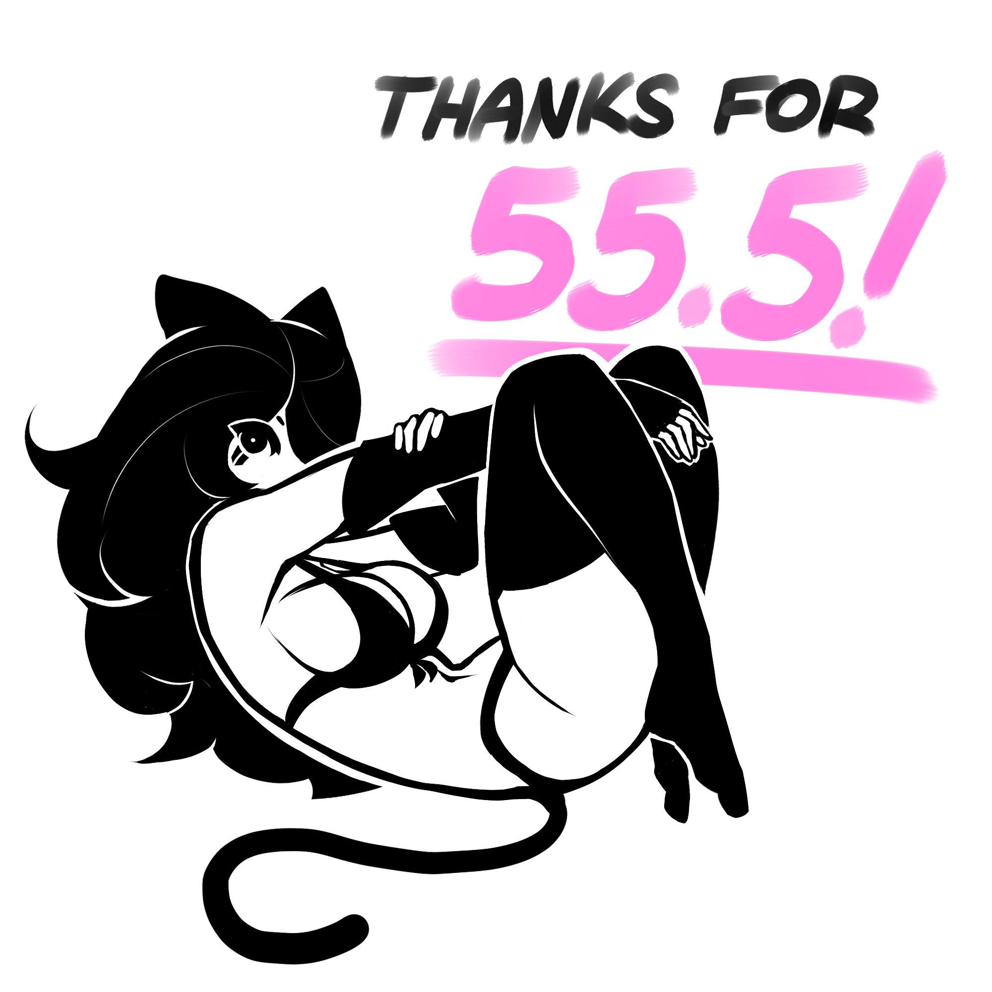 1girls, 2023, animal ears, bikini, black bikini, black eyes, black hair, breasts, cat ears, cat girl, cat tail, catgirl, catte (tekona), elbow gloves, english text, facial markings, female, fingerless gloves, follower celebration, from side, hair over one eye, legs up, long gloves, looking at viewer, milestone celebration, navel, no shoes, original, sideboob, tagme, tail, tekona, text, thighhighs, thighs
