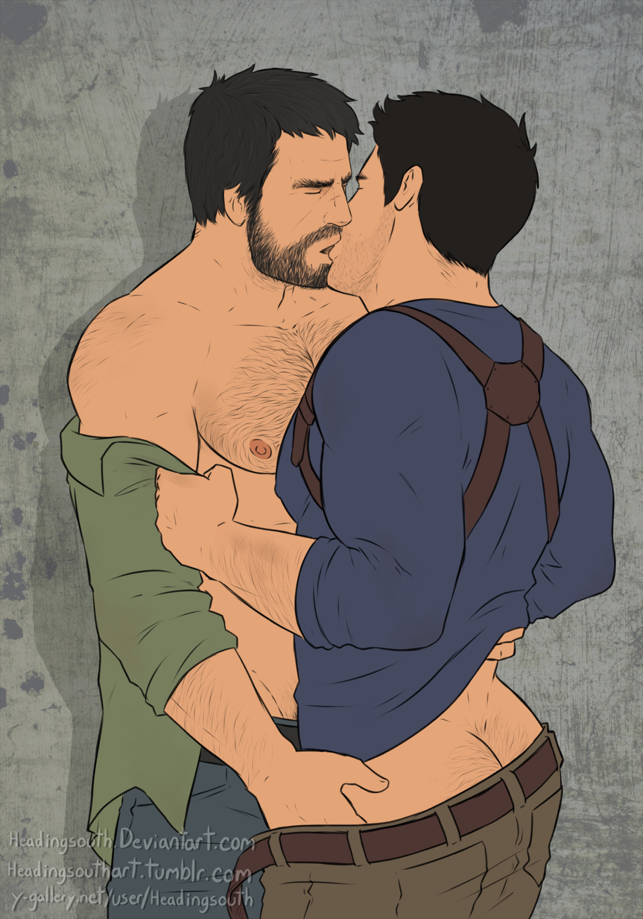2boys, arm hair, artist name, ass, ass crack, ass grab, ass peek, background, bara, beard, beard stubble, biceps, big ass (male), black hair, body hair, chest hair, closed eyes, clothed, clothed sex, clothes lift, clothes pull, crossover, daddy, dark hair, deviantart username, dilf, english commentary, facial hair, gay, gay kissing, groping ass, hand on another's ass, hands under clothes, harness, headingsouth, highres, holding clothing, holding hips, joel miller, kiss, kissing, leather harness, making out, male, male focus, male nipples, male only, male/male, masculine, multiple boys, muscles, muscular, muscular chest, muscular male, nathan drake, nipples, no visible genitalia, older male, open mouth, pants, pants pull, pectorals, rolled up sleeves, scar, scars, shirt, shirt lift, signature, stubble, the last of us, the last of us (series), tumblr username, uncharted, undressing, yaoi