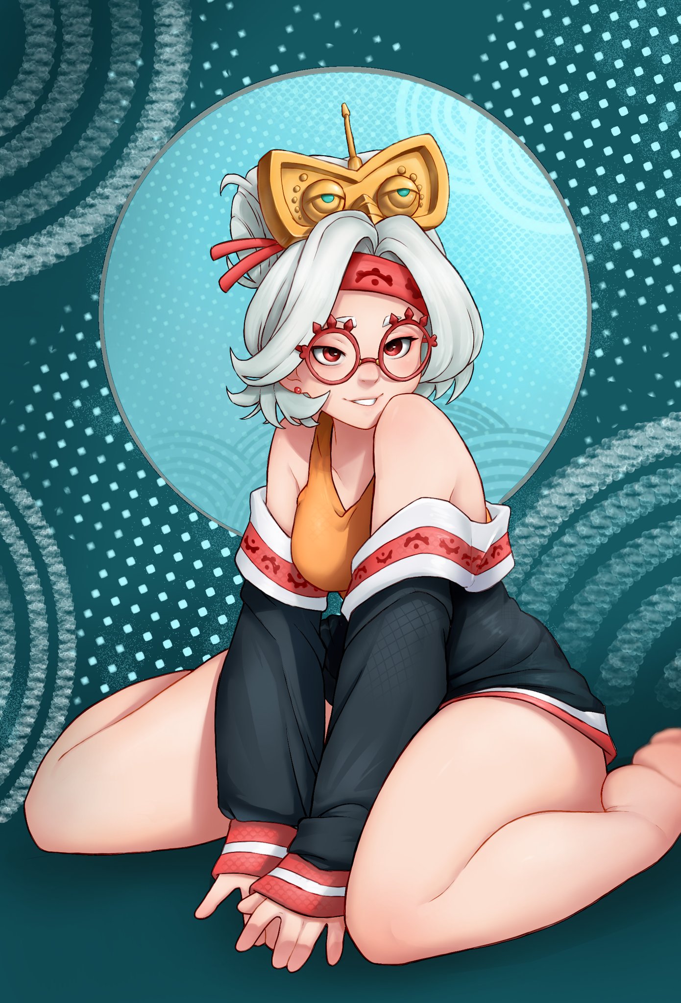 1girls, barefoot, cacto art, female, female only, glasses, hair ornament, hi res, looking at viewer, narrowed eyes, nintendo, purah, purah (tears of the kingdom), red eyes, sitting, sitting on floor, smiling, smiling at viewer, solo, tears of the kingdom, the legend of zelda, thick thighs, tied hair, white hair