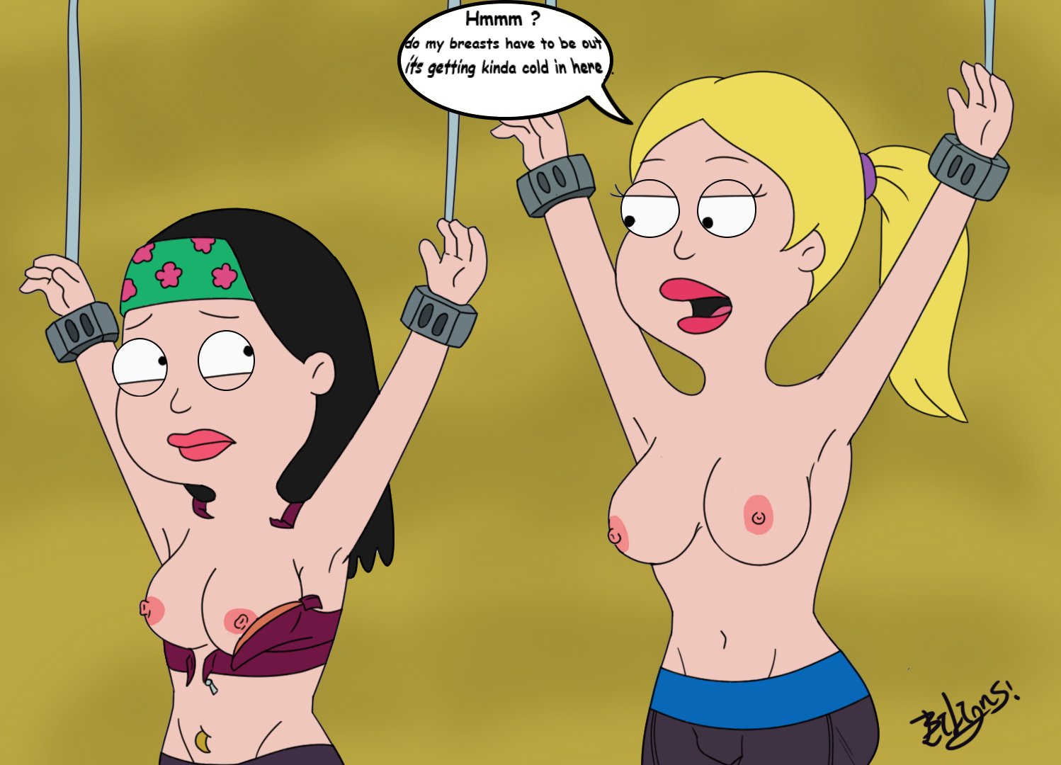 accurate art style, american dad, bilions art, black hair, blonde hair, bondage, breasts, clothed, female, francine smith, hayley smith, mother and daughter, tied up