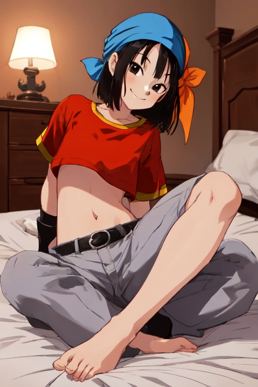 1girls, aged up, ai generated, aigeneratedp, bandana, bare legs, barefoot, bed, cute, dragon ball, dragon ball gt, feet, female, legs, older, pan (dragon ball), skinny, smiling, toes, tomboy