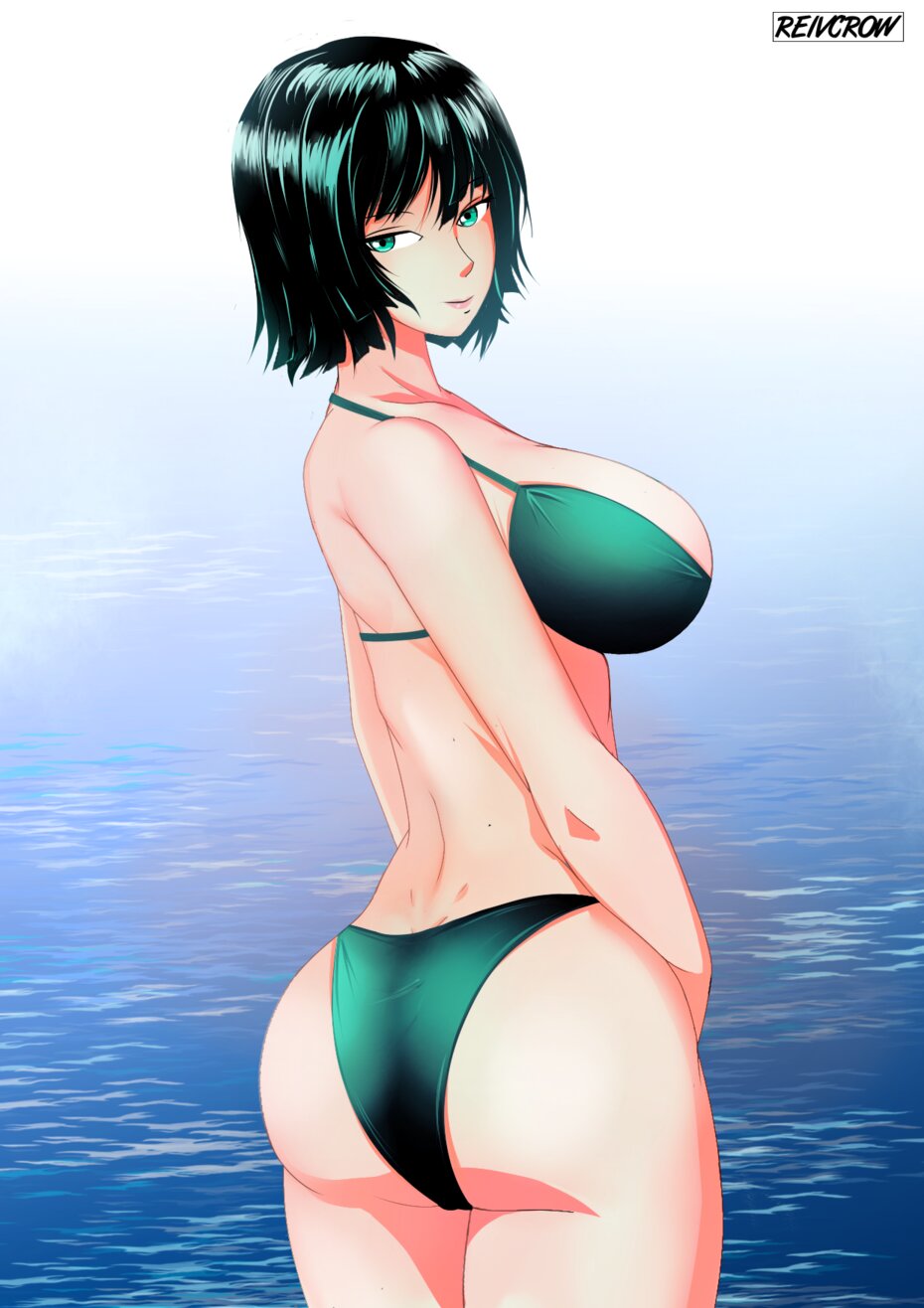 1girls alternate_costume alternate_version_available ass big_ass big_breasts bikini bikini_bottom bikini_top bottomwear breasts clothing dark_green_hair dat_ass female female_only fubuki_(one-punch_man) green_bikini green_eyes green_hair huge_ass huge_breasts lips looking_back one-punch_man reivcrow short_hair sideboob solo solo_female swimwear topwear