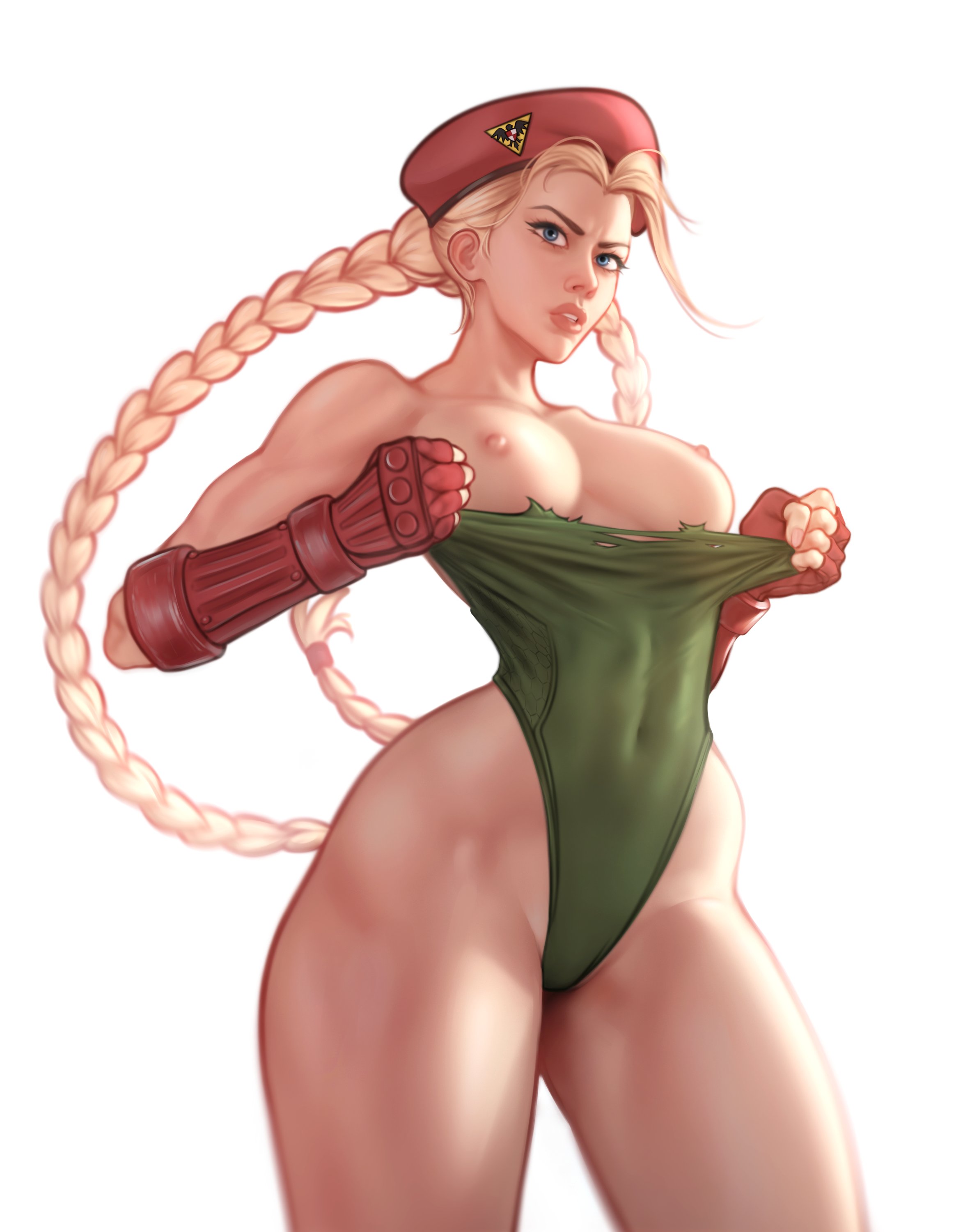 1girls, areolae, armwear, blonde hair, blue eyes, breasts, cammy white, capcom, elwydraws, female, female only, hat, leotard, long hair, looking at viewer, military hat, nipples, ripping clothing, solo, street fighter, thick thighs, twin braids, twintails, very high resolution, white background, wide hips