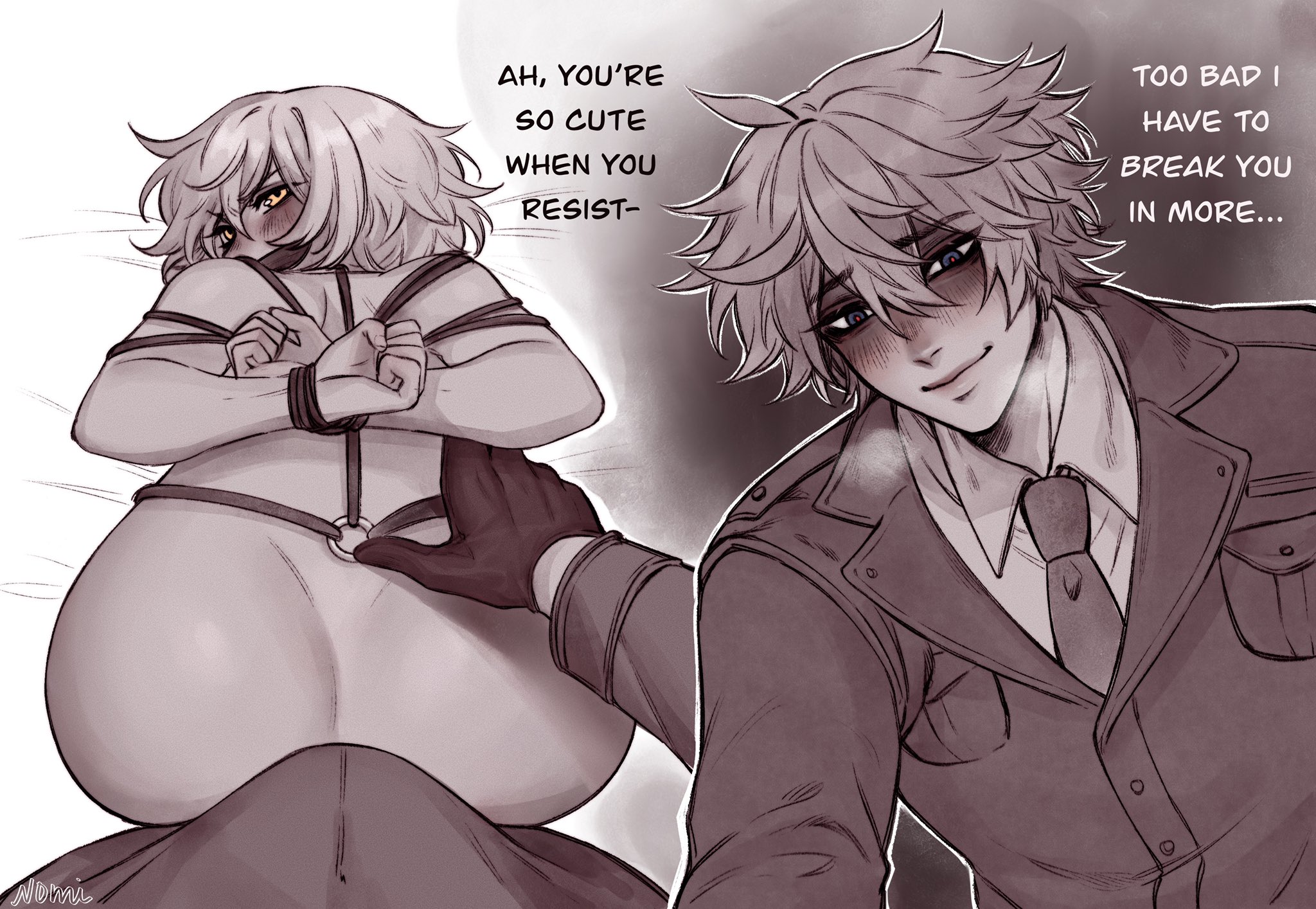 1boy, 1girls, arms behind back, arms tied, ass, bondage, boner, boner in pants, childe (genshin impact), clothed male nude female, english text, erection under clothes, fanon couple, female, femsub, genshin impact, gloves, hands behind back, hands tied, hoyoverse, looking back, lumine (genshin impact), male, male/female, maledom, mihoyo, nomi owo, nude, nude female, nude female clothed male, restrained, straight, tartaglia (genshin impact), text, tied arms, tied hands, tied up
