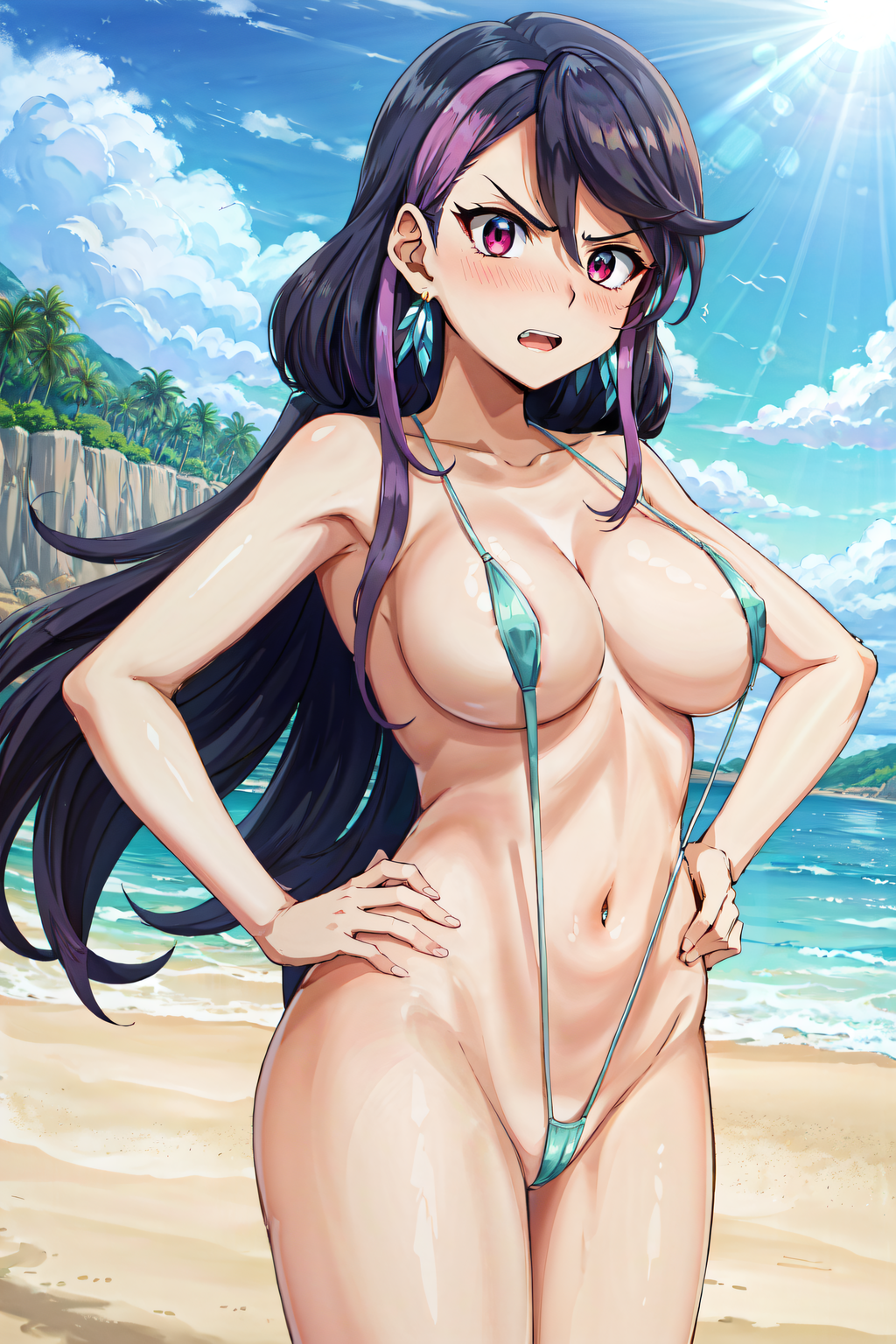 ai_generated angry angry_face beach_background bikini black_hair blush bracelet_girls earrings female highres huge_breasts kurosaki_ruri long_hair looking_at_viewer lulu_obsidian navel open_mouth purple_hair sephiaton955 sling_bikini solo yu-gi-oh! yu-gi-oh!_arc-v