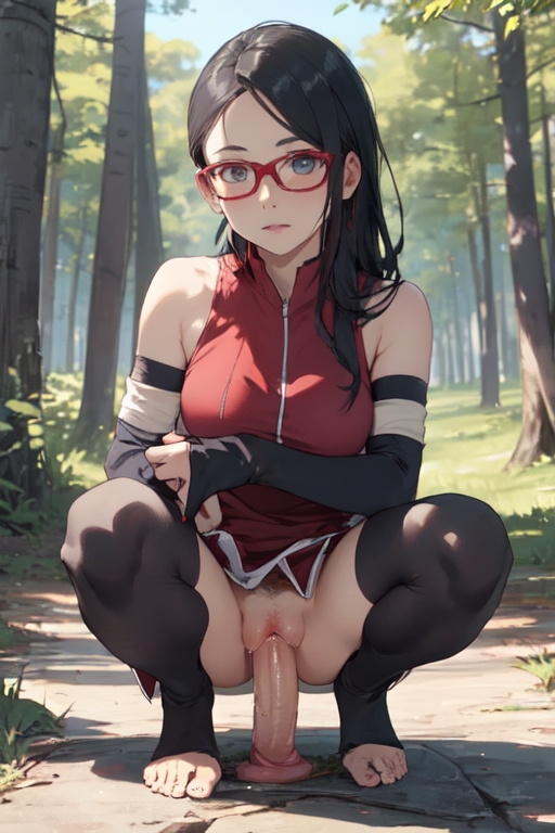 1girls, ai generated, aigeneratedp, boruto: naruto next generations, dildo, female, forest, looking at viewer, naruto, naruto (series), outdoors, pussy, riding dildo, sarada uchiha, sex toy, squatting, uchiha sarada, vaginal insertion, vaginal penetration