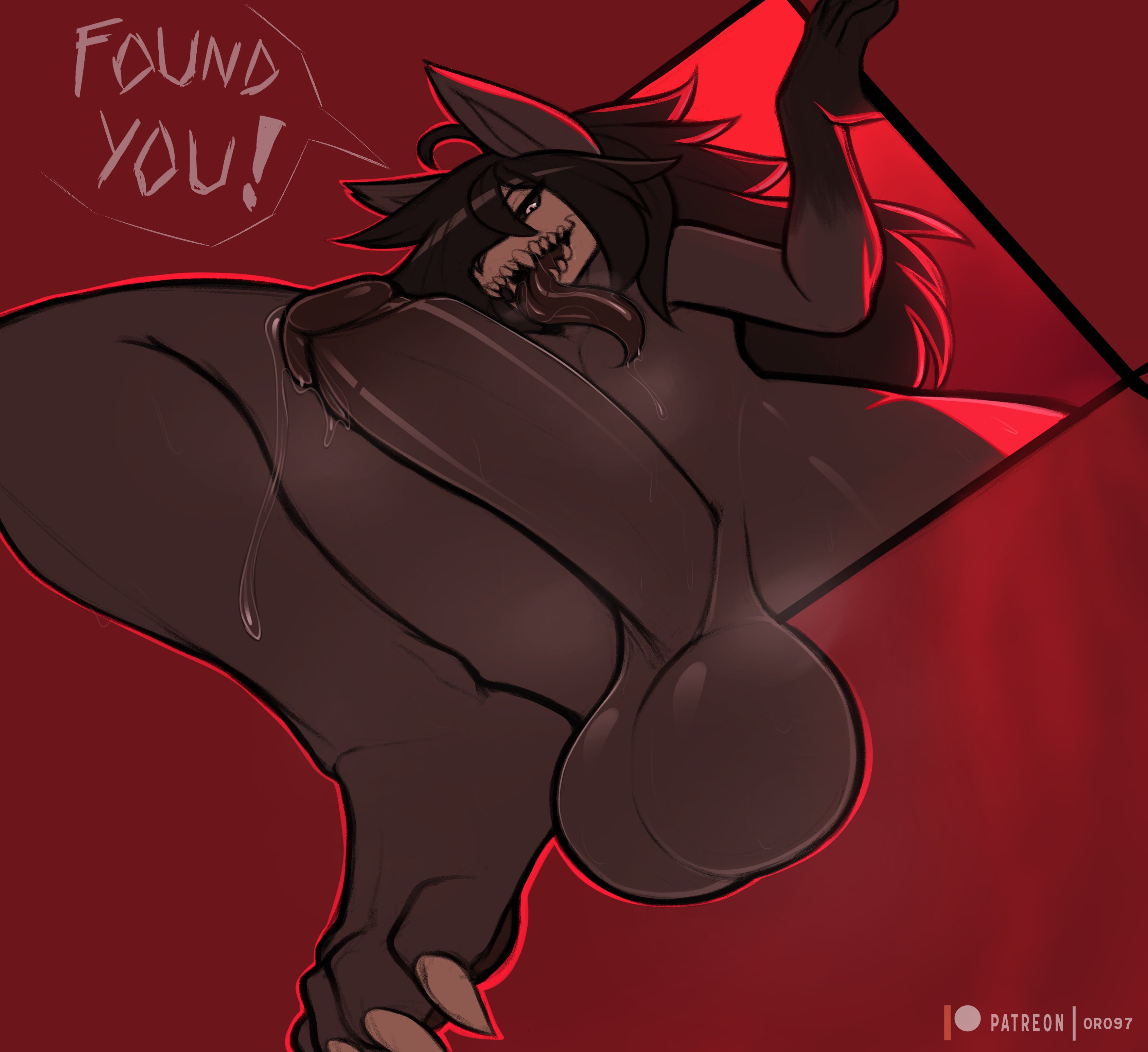 anthro, balls, big penis, black fur, black hair, claws, dripping precum, english text, femboy, furry, furry only, hair, long tongue, male, male only, oro97, penis, precum, scp foundation, scp-1471, scp-1471-a, simple background, skull, solo, solo male, tagme, text, toe claws, tongue, tongue out
