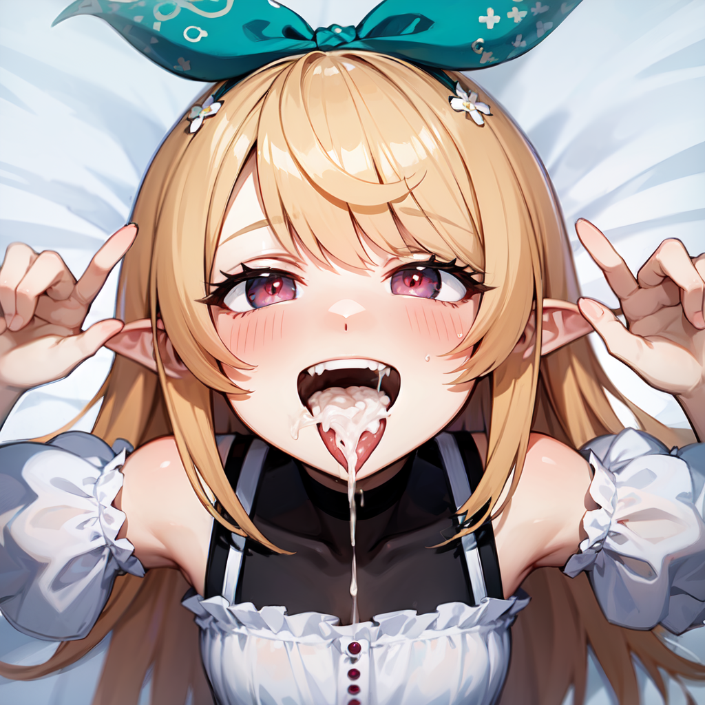 ahe_gao ai_generated blonde_hair blush cum_drip cum_in_mouth hair_ribbon nijisanji nijisanji_en pomu_rainpuff red_eyes tagme virtual_youtuber