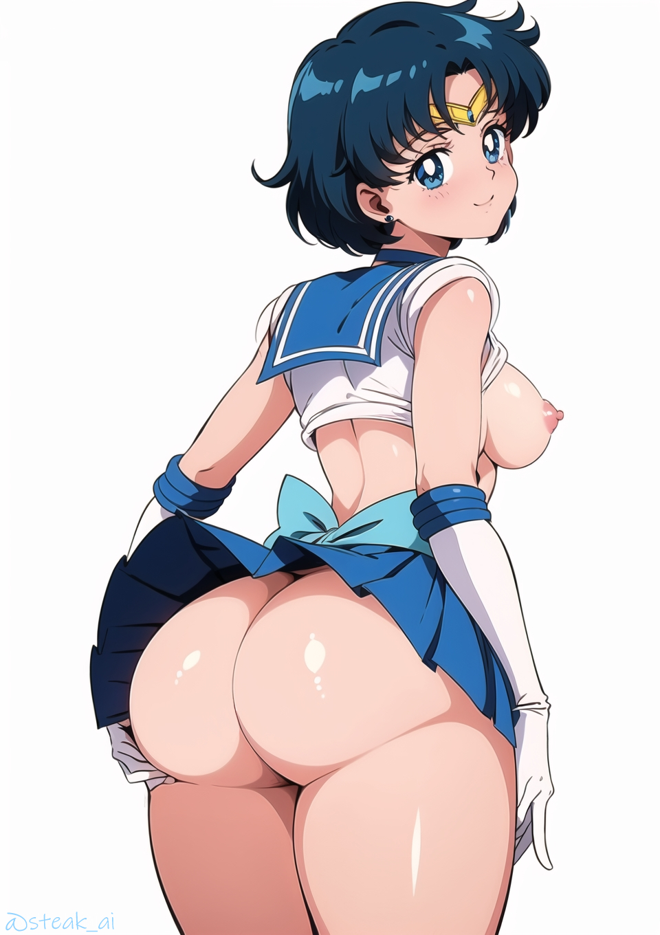 ai generated, ami mizuno, ass, bishoujo senshi sailor moon, breasts, clothing, dark hair, female, sailor mercury, skirt, small breasts, steak ai