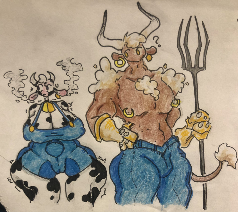 1boy 1girls big_breasts bovine clothing cow_girl drawn furry hand_drawn mr._momoz traditional_media_(artwork)