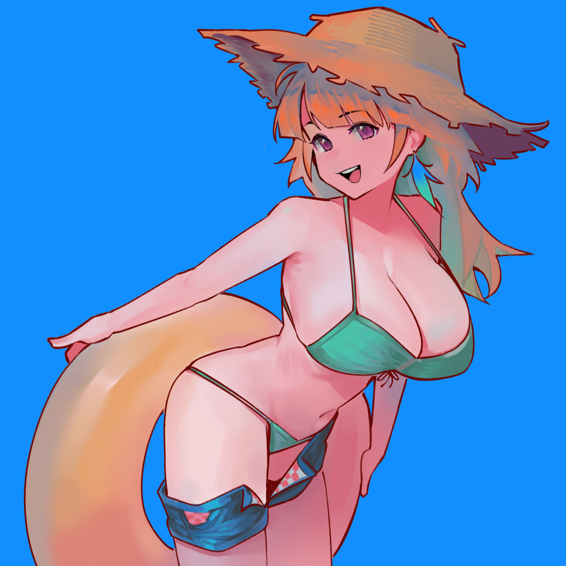 1girls, big breasts, bikini, blue background, breasts, colored tips, dismassd, female, female only, green hair, green highlights, hat, hololive, hololive english, hololive myth, hourglass figure, large breasts, multicolored hair, orange hair, purple eyes, sole female, solo focus, straw hat, streaked hair, takanashi kiara, takanashi kiara (2nd costume), two-tone hair, virtual youtuber