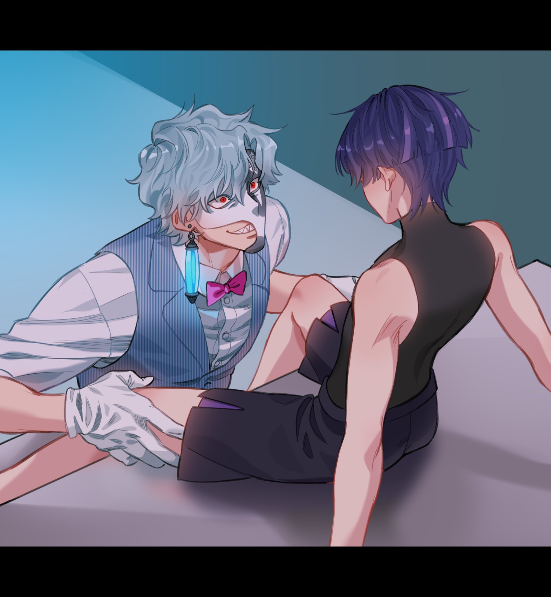 2boys, blue hair, bowtie, dominant, dottore (genshin impact), dressed, fatui, fully clothed, gay, genshin impact, gloves, hands on knees, hands on thighs, imminent sex, kneeling, male, male only, male/male, purple hair, scaramouche (genshin impact), scary face, shark teeth, sitting, smile, spread legs, submissive, touching, twink, white gloves