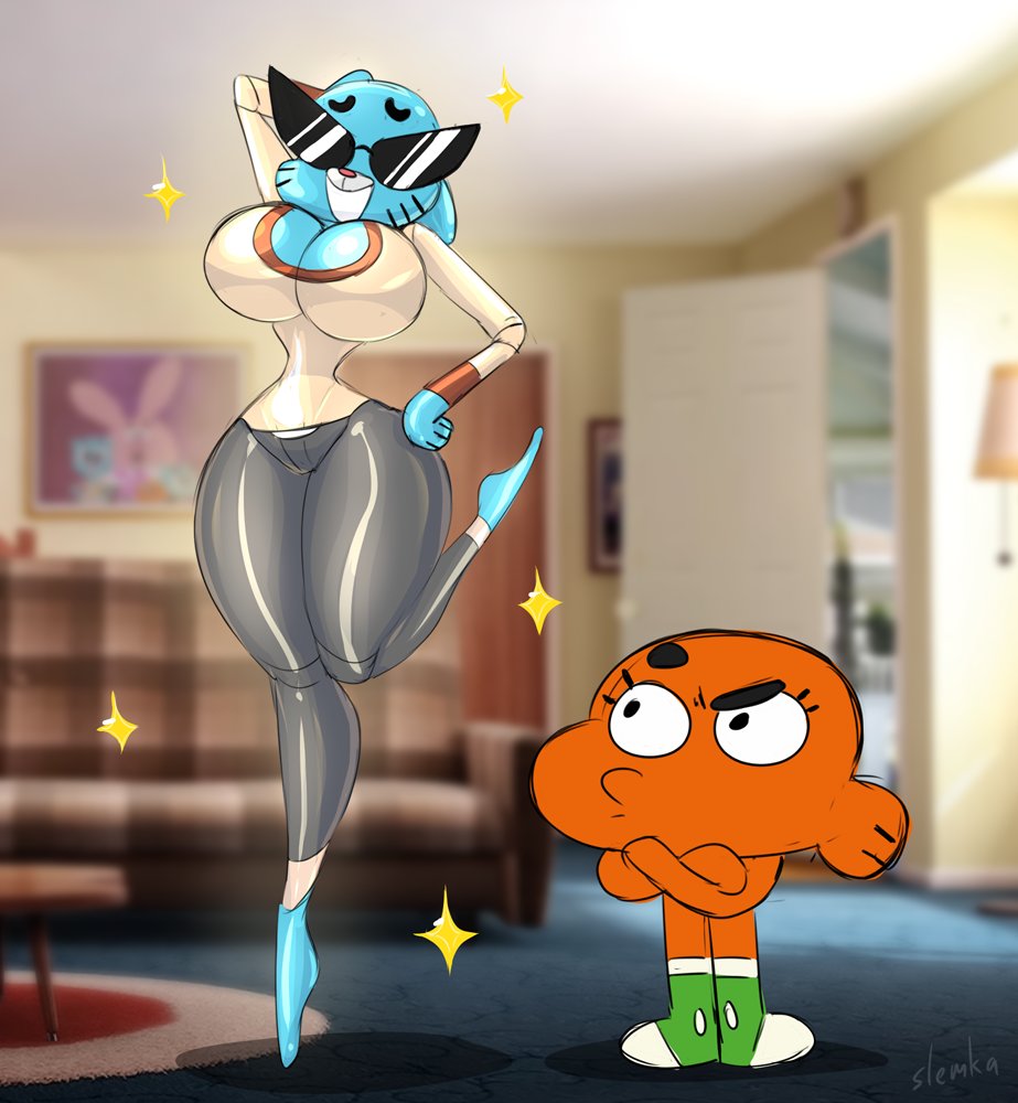 clothing darwin_watterson dollification female genderswap_(mtf) gumball_watterson huge_ass huge_breasts knick_knack permanent_smile rule_63 slemka slim_waist smile sunglasses sunnification the_amazing_world_of_gumball thick_lips thick_thighs transformation wide_hips