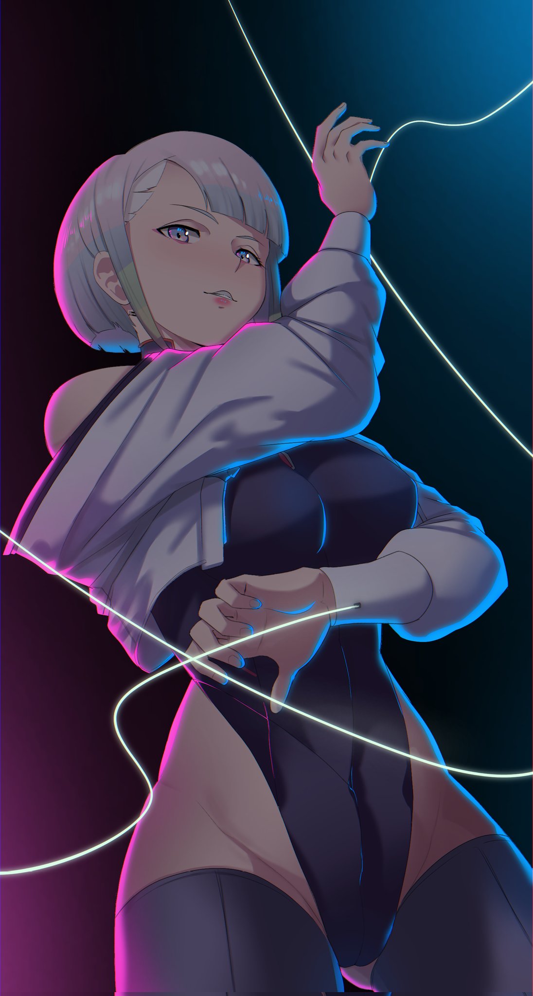 1girls, ass, big ass, big breasts, breasts, cameltoe, cd projekt red, cyberpunk 2077, cyberpunk: edgerunners, female, female only, leotard, looking at viewer, low-angle view, lucyna kushinada, no artist signature, pussy, reikku, small mouth, small nose, studio trigger, thick thighs, thin eyebrows