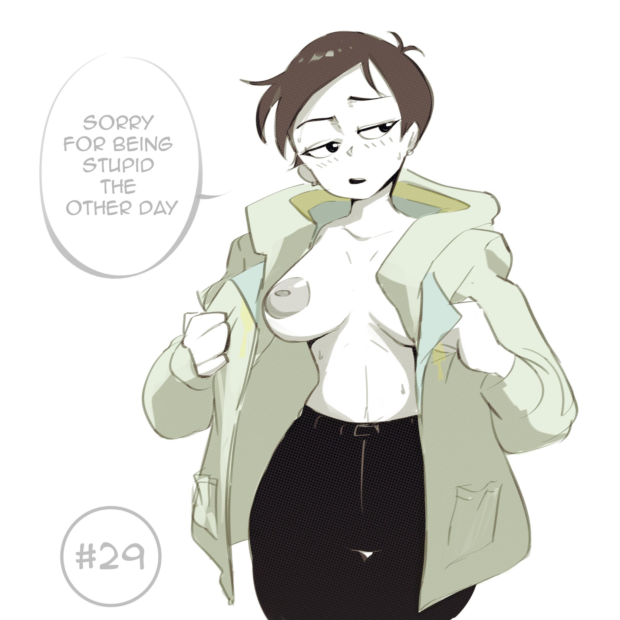 breasts, brown hair, casual, clothing, dark skin, dc, dc comics, edalv, edolov, female, genitalwear, human, large areolae, large breasts, lois lane, lois lane (my adventures with superman), my adventures with superman, open jacket, shirtless, speech bubble, superman (series), text