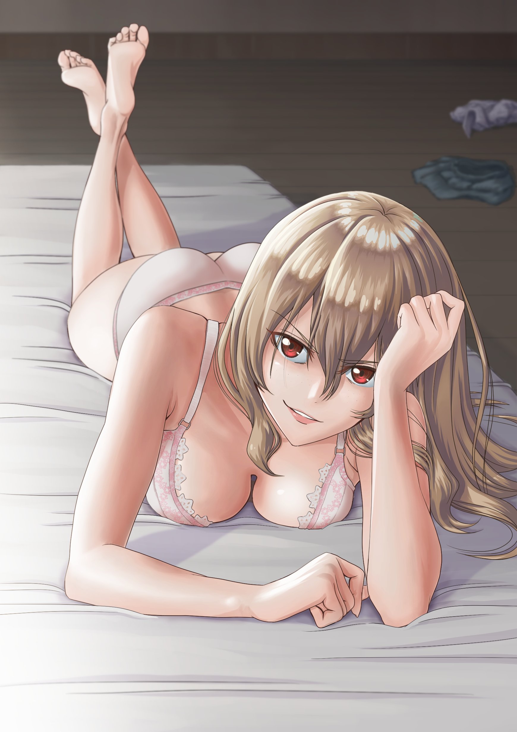 1girls, aoki clair, arm support, ass, bed, big breasts, blonde hair, breasts, busty, feet, female, gleipnir, large breasts, long hair, lying, on stomach, panties, pose, posing, seductive, seductive smile, sensual, smile, the pose