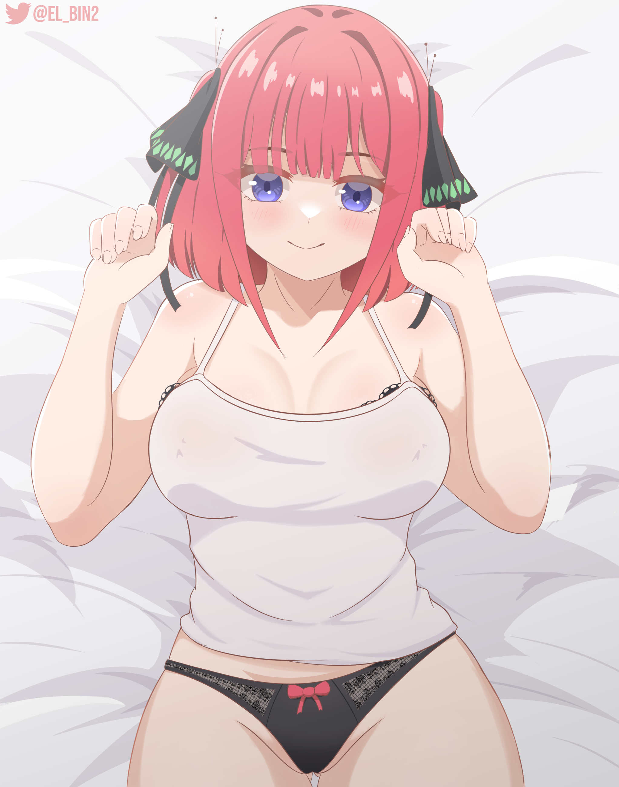 accurate art style, big breasts, black panties, blue eyes, blush, bra, breasts, el bin, faithful to the anime, female, go-toubun no hanayome, huge breasts, looking at viewer, nakano nino, on bed, pink hair, ribbon, see-through clothing, short hair, smile, solo, thick thighs, thighs, white shirt