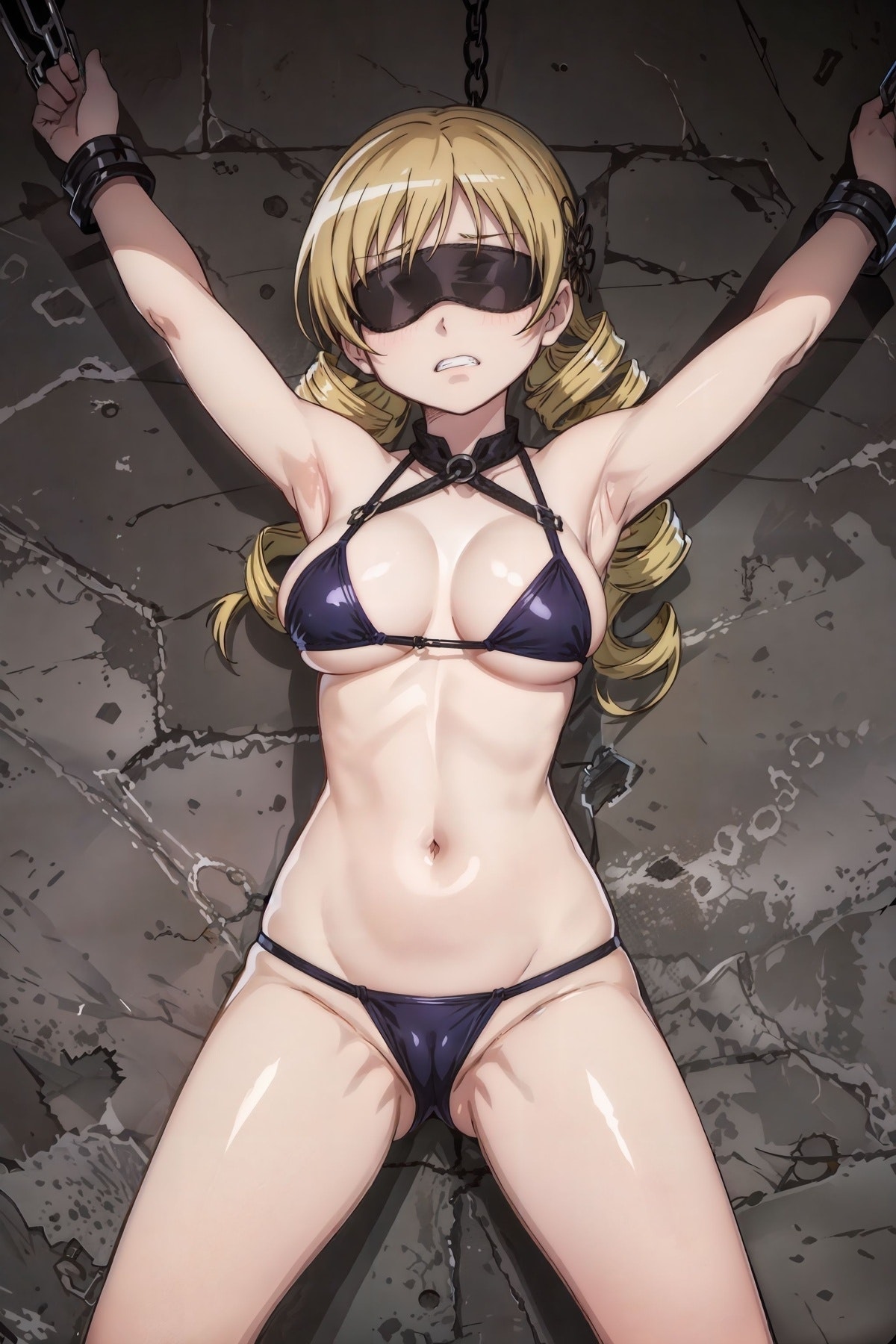 1girls, ai generated, bikini, blindfold, blindfolded, blindfolded female, bondage, breasts, cameltoe, captured, chain leash, chained, chained wrists, chains, drill hair, dungeon, feet out of frame, female, female focus, female only, femsub, human, human only, imminent penetration, imminent rape, imminent sex, legs apart, magical girl, mahou shoujo madoka magica, medium breasts, nervous, nervous face, nervous smile, nervous sweat, pussy, solo, solo female, solo focus, stable diffusion, tomoe mami, twin drills, twintails, worried, worried expression, yellow eyes, yellow hair