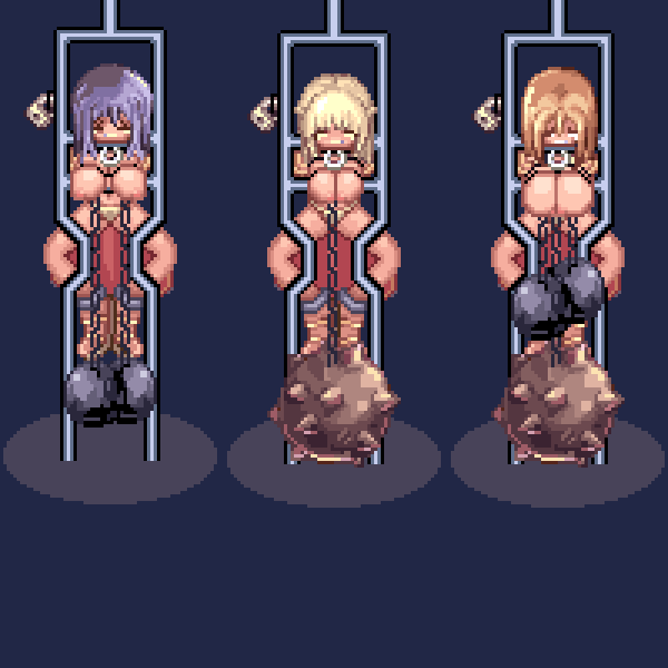 3girls blonde_hair blue_hair breast_bondage breast_chain breast_torture dancer_(ragnarok_online) female female_only multiple_girls pixel pixel_art ragnarok_online restrained rodotgif torture weights