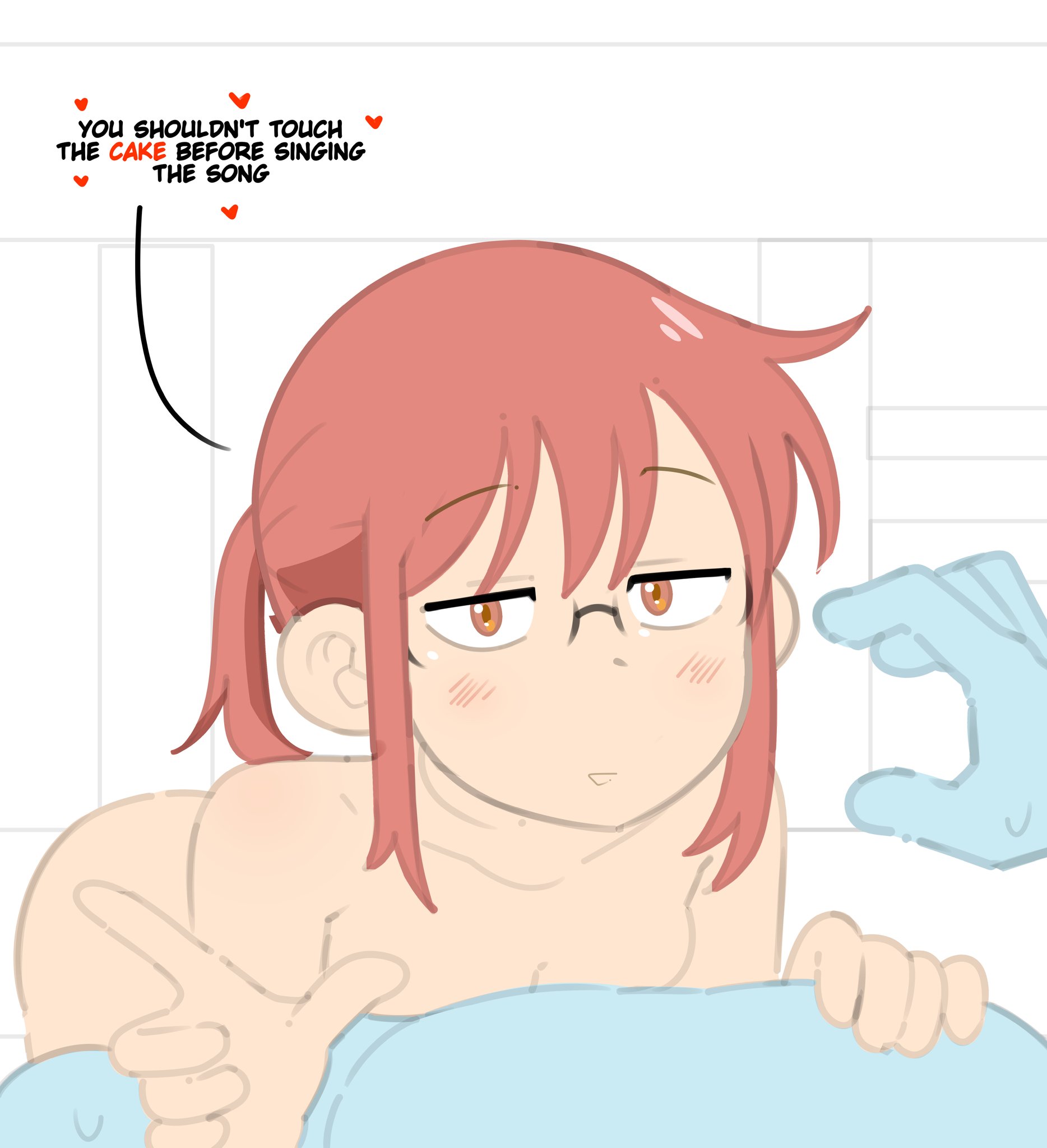 blush, dsmnup, female, glasses, heart, kobayashi, kobayashi-san chi no maidragon, miss kobayashi's dragon maid, nude, nude female, on top, red eyes, red hair, sweat, sweatdrop, text