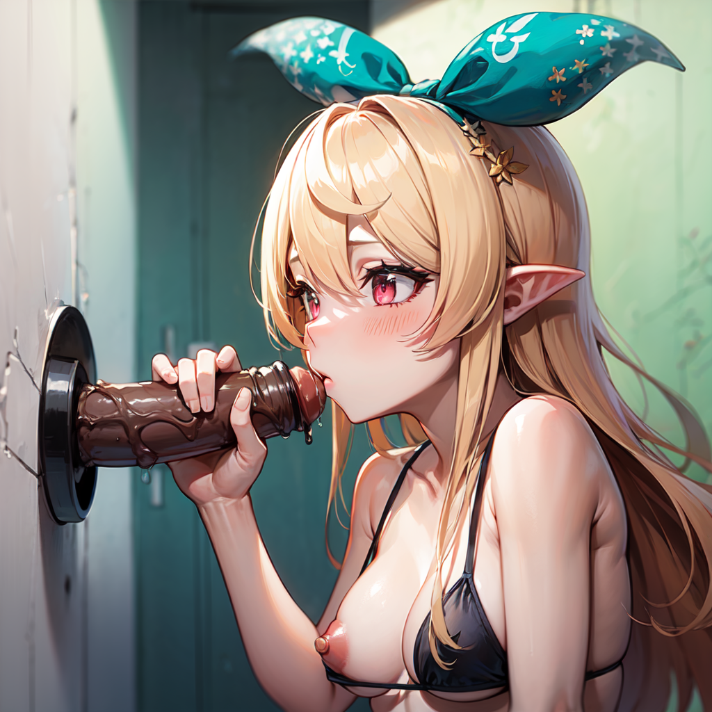 ai generated, blonde hair, breasts, breasts out, female, glory hole, hair ribbon, kissing penis, male, nijisanji, nijisanji en, nipples, penis, pomu rainpuff, red eyes, swimsuit, tagme, virtual youtuber, weird penis