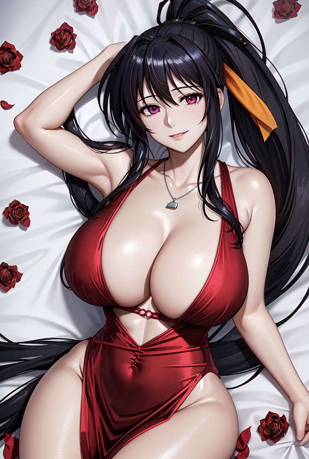 ai generated, akeno himejima, breasts, curvaceous, curvy body, curvy figure, female, high school dxd, huge breasts, long hair, ponytail, seductive look, stable diffusion, voluptuous, voluptuous female