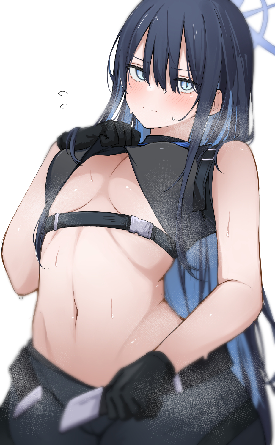 1girls, arius satellite school student, arius squad (blue archive), athletic, athletic female, belt, blue archive, breasts, female, female only, large breasts, light skin, light-skinned female, saori (blue archive), shirt up, solo, steam, sweat, sweaty body, underboob, yuukunmk ll