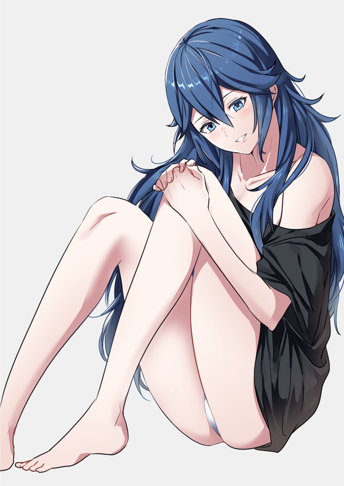 1girls, alternate costume, ameno (a meno0), ass, bare shoulders, barefoot, big ass, black shirt, blue eyes, blue hair, blush, collarbone, feet, female, female only, fire emblem, fire emblem awakening, grey background, grin, hair between eyes, long blue hair, long hair, looking at viewer, lucina (fire emblem), nintendo, no panties, off shoulder, oversized clothes, oversized shirt, panties, pantyshot, pantyshot (sitting), shirt, simple background, sitting, smile, solo, symbol-shaped pupils, toes, underwear, upskirt, white panties