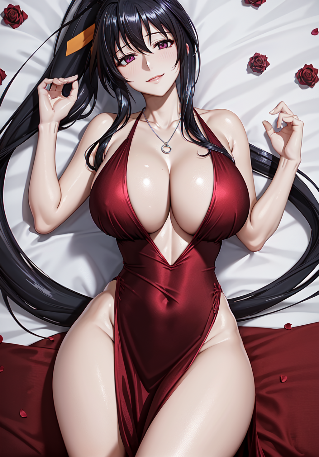 1girls, ai generated, akeno himejima, breasts, curvy female, curvy figure, female, female focus, female only, high school dxd, huge breasts, long hair, ponytail, seductive look, stable diffusion, voluptuous, voluptuous female