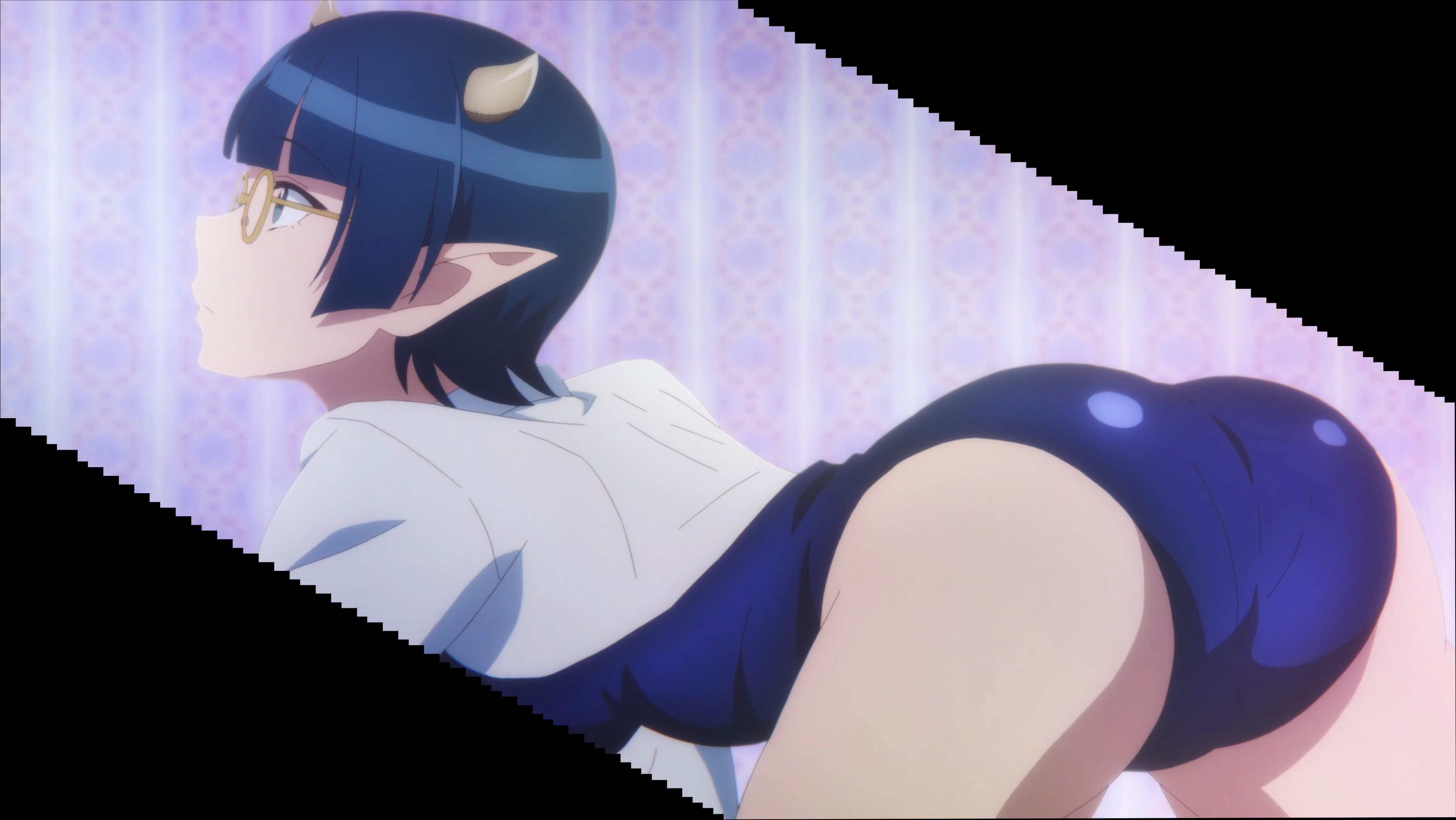 1girls, ass, big ass, big breasts, blue hair, breasts, busty, demon, demon girl, demon horns, fat ass, female, female only, glasses, green eyes, hi res, horns, large breasts, lv1 maou to one room yuusha, monster girl, one-piece swimsuit, screenshot, short hair, sideboob, solo, stitched, zenia (lv1 maou to one room yuusha)