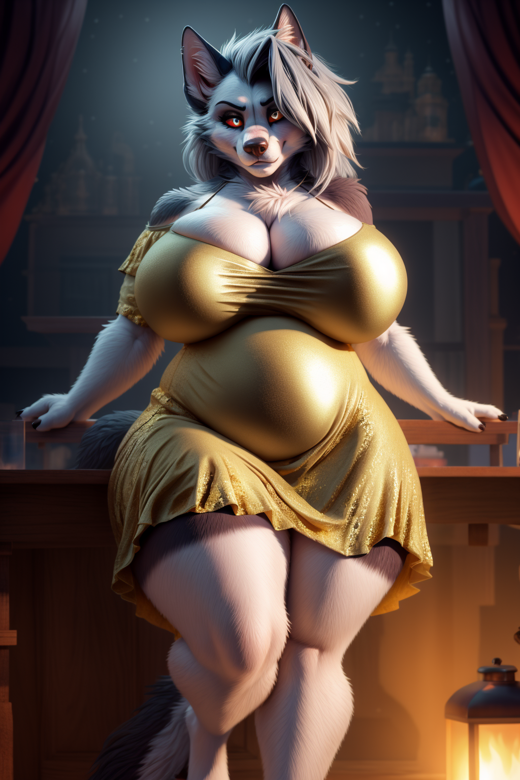 ai_generated anthro bbw black_lips black_nose canid canid_demon canine canis cleavage curvaceous curvy dress facial_tuft fur furry gold_dress gray_fur gray_hair grey_fur grey_hair hellhound helluva_boss hind_legs hindlegs hindpaw huge_breasts indoors inner_ear_fluff long_dress looking_at_viewer loona_(helluva_boss) low-angle_view overweight plump red_sclera stable_diffusion standing tuft two_tone_body two_tone_fur vivienne_medrano voluptuous weight_gain wgenjoyr4539 white_eyes white_fur wide_hips