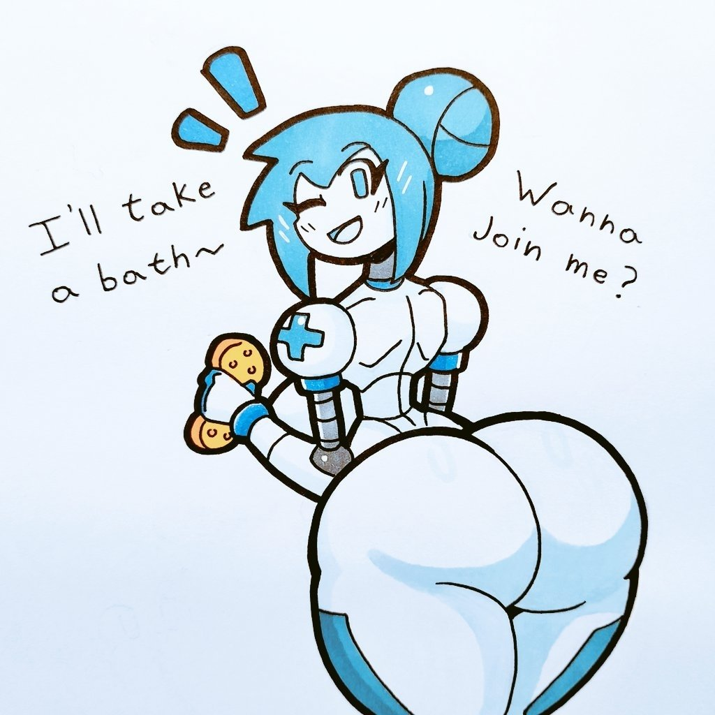 alice_(mr.ctm) ass big_ass big_breasts blue_eyes blue_hair breasts huge_ass huge_breasts mr.ctm robot robot_girl robot_humanoid smile speech sponge text thick_thighs thin_waist wide_hips wink