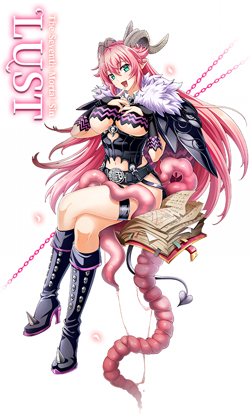 antenna_hair asmodeus_(nanatsu_no_taizai) belt black_footwear black_skirt book boots crossed_legs damnedrive demon_girl demon_horns demon_tail full_body fur_trim green_eyes hands_on_breasts highres horns huge_breasts knee_boots large_breasts monster_girl nishii_(nitroplus) official_art open_mouth pink_hair pointy_ears scan simple_background sin_nanatsu_no_taizai skirt smile solo_female tentacle thigh_strap thighs underboob