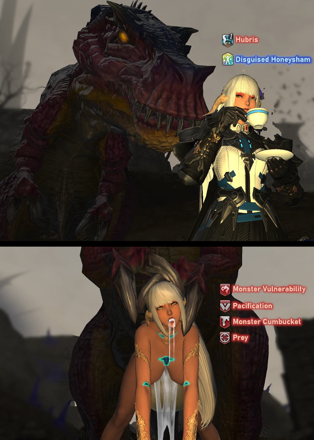 2023 3d au_ra balls ballsack breasts broken_rape_victim cev_(xiv) cev_rosa claws clothing cum cum_in_mouth cum_inside debuff defeated dinosaur english english_text excessive_cum eyes_rolling_back final_fantasy final_fantasy_xiv flower_in_hair from_behind_position gameplay_mechanics gpose(ffxiv) green_eyes honeysham horns huge_balls instant_loss_2koma large_breasts larger_male long_hair monster monster_on_female monster_rape ponytail rape scales sharp_teeth size_difference smaller_female square_enix status_effect subjugated white_hair