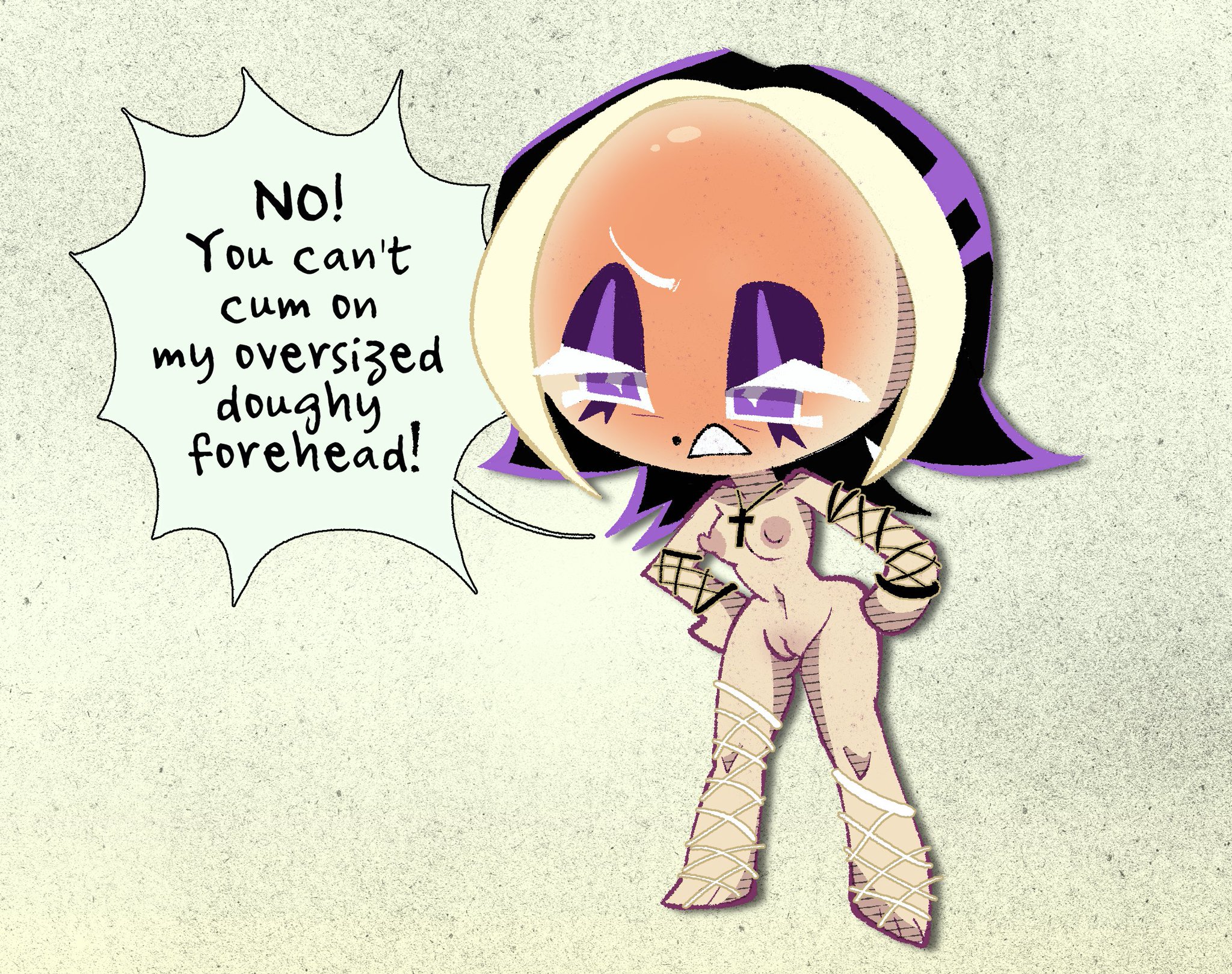 annoyed, black lemonade cookie, blush, breasts, cookie run, cookie run kingdom, cross necklace, dialogue, eyeshadow, female, female only, fishnets, food creature, food humanoid, herny, mole, nub feet, nude, pussy, short hair, solo, standing, tagme