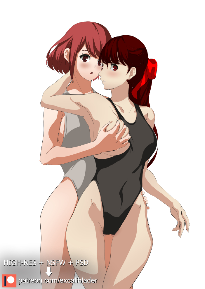 alternate costume, atlus, breast grab, breasts, crossover, excaliblader, female, female only, kasumi yoshizawa, leotard, nintendo, persona, persona 5, pyra, sumire yoshizawa, tagme, xenoblade (series), xenoblade chronicles 2, yuri