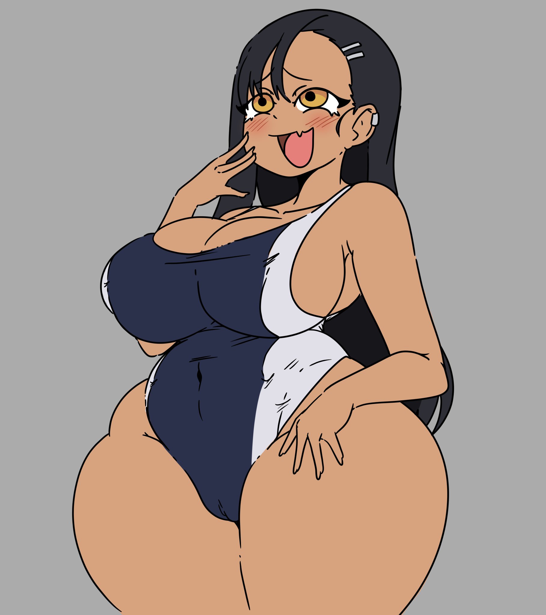 1girls, ass, black hair, breasts, brown eyes, cameltoe, clothed, clothing, competition swimsuit, curvy, fangs, female, female only, gigantic ass, hayase nagatoro, hi res, highres, huge breasts, inakotho, laughing, long hair, please don't bully me, nagatoro, pussy, revealing clothes, simple background, solo, tan, tan body, tan skin, tan-skinned female, tanned, tanned female, voluptuous