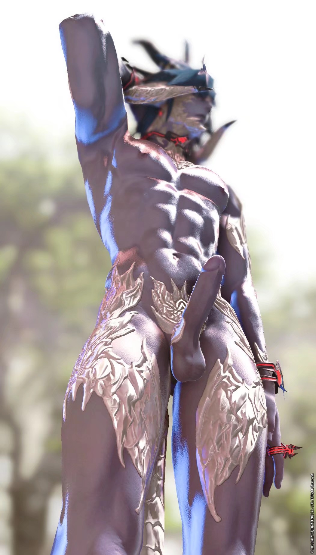 armpit au_ra blue_hair collar final_fantasy final_fantasy_xiv hand_on_head horns jewelry male_focus male_only muscles oc penis purple_body purple_skin rean scales_slave slut submission submissive_male touching_hair white_scales