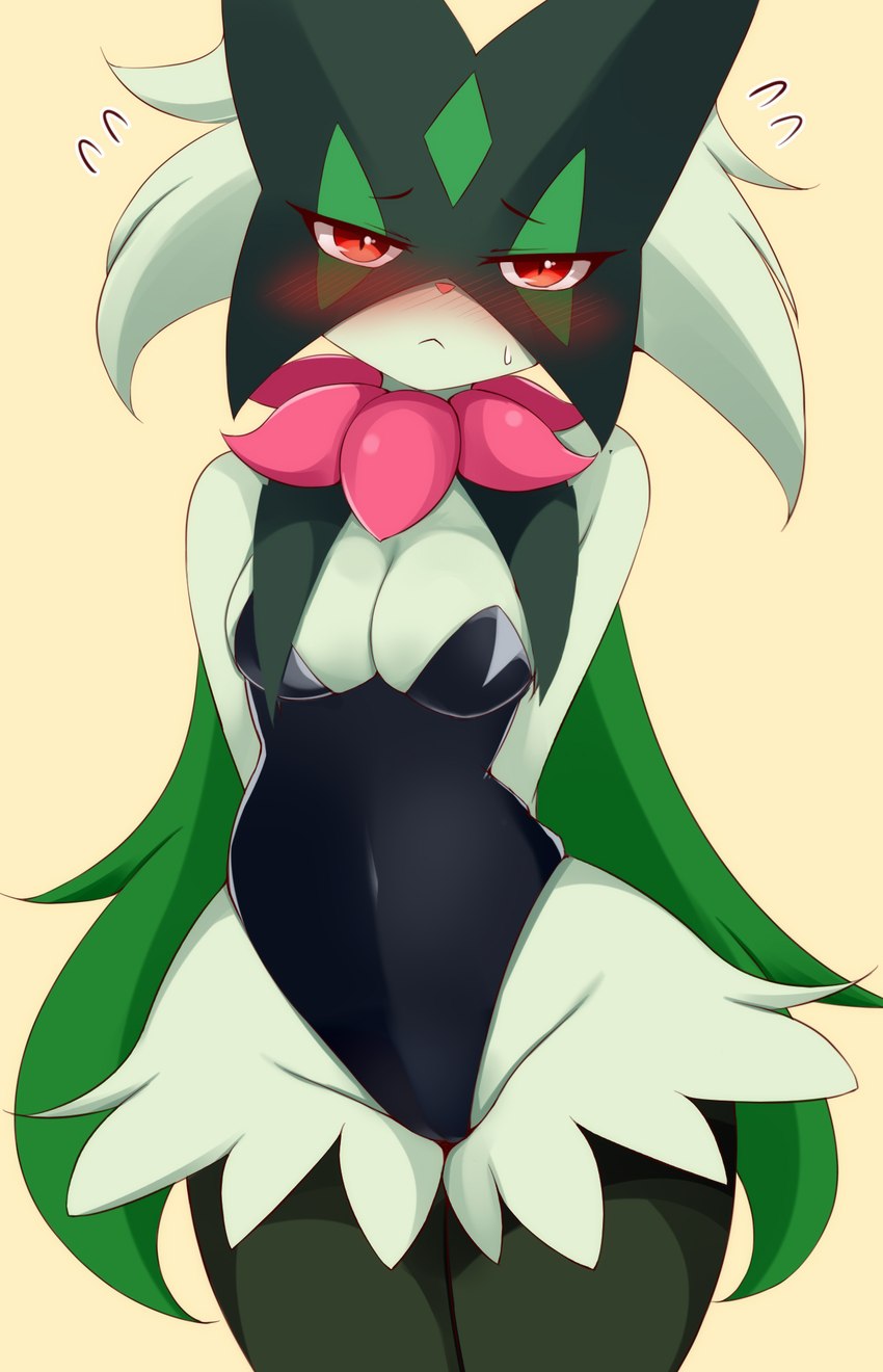 anthro, anthrofied, ayatori, blush, breasts, bunny costume, clothing, costume, embarrassed, felid, feline, female, fur, generation 9 pokemon, green body, green fur, hands behind back, hi res, looking at viewer, mammal, medium breasts, meowscarada, nintendo, pokemon, pokemon (species), pokemon sv, red eyes, shy, simple background, solo, standing