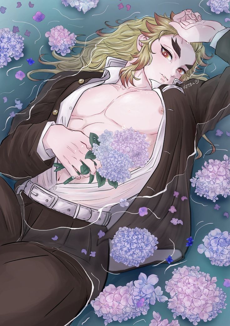 demon_slayer flowers kimetsu_no_yaiba laying_on_back lilacs male_only rengoku_kyoujurou renkyochon shirt_open solo wet wet_clothes