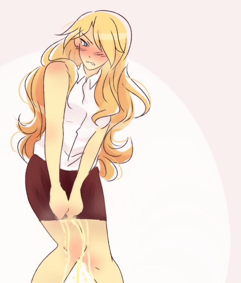 angry blonde_hair blush embarrassed kimura_kaere moonaurelia omorashi peeing peeing_self princessomo sayonara_zetsubou_sensei skirt skirt_tug urine urine_on_legs urine_stream wet_skirt wetting wetting_self